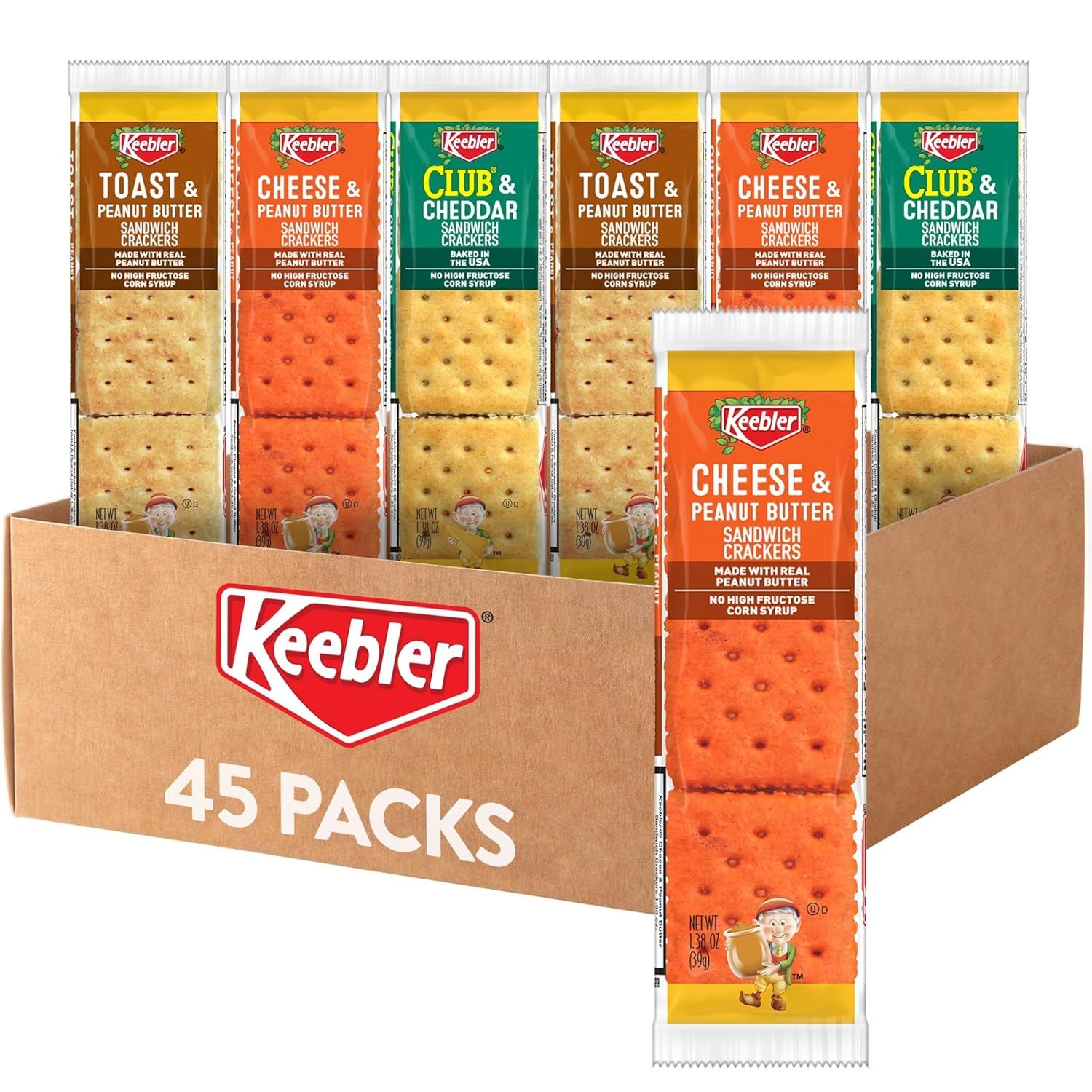 Shows the complete 45-pack variety bundle of Keebler sandwich crackers in their retail packaging, communicating the quantity and flavor variety included in the purchase. Displays the three different…