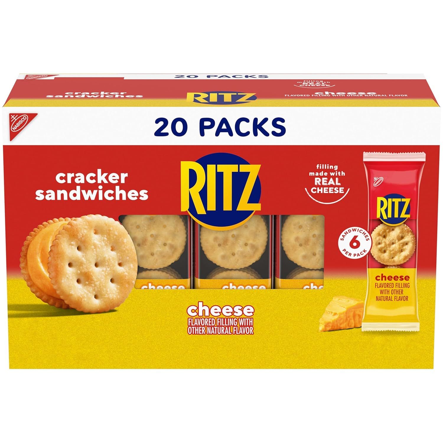 Shows the core sellable product, a 20-pack box of Ritz cheese cracker sandwiches, clearly displaying the packaging, product imagery, and key details like quantity and flavor to help shoppers…