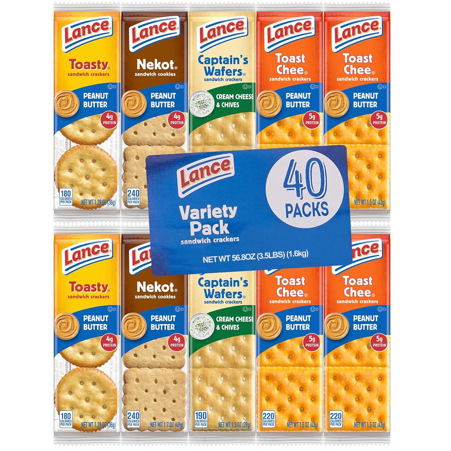 Displays the variety pack of Lance sandwich crackers showing all included flavor options (Toasty, Nekot, Captain's Wafers, Toast Chee) to communicate the assortment and value of 40 individual packs.…
