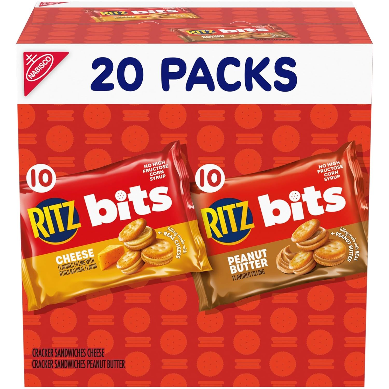 Shows the retail packaging for a 20-pack variety box of Ritz Bits crackers, communicating the quantity and flavor options included in the purchase. Displays the physical retail packaging the buyer…