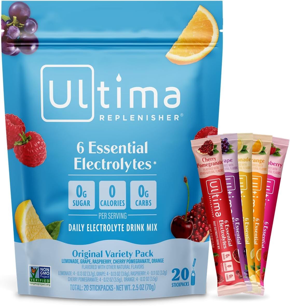Shows the core product packaging and individual stick packs to communicate what the shopper will receive, emphasizing the variety of flavors and key nutritional benefits. Displays the retail…