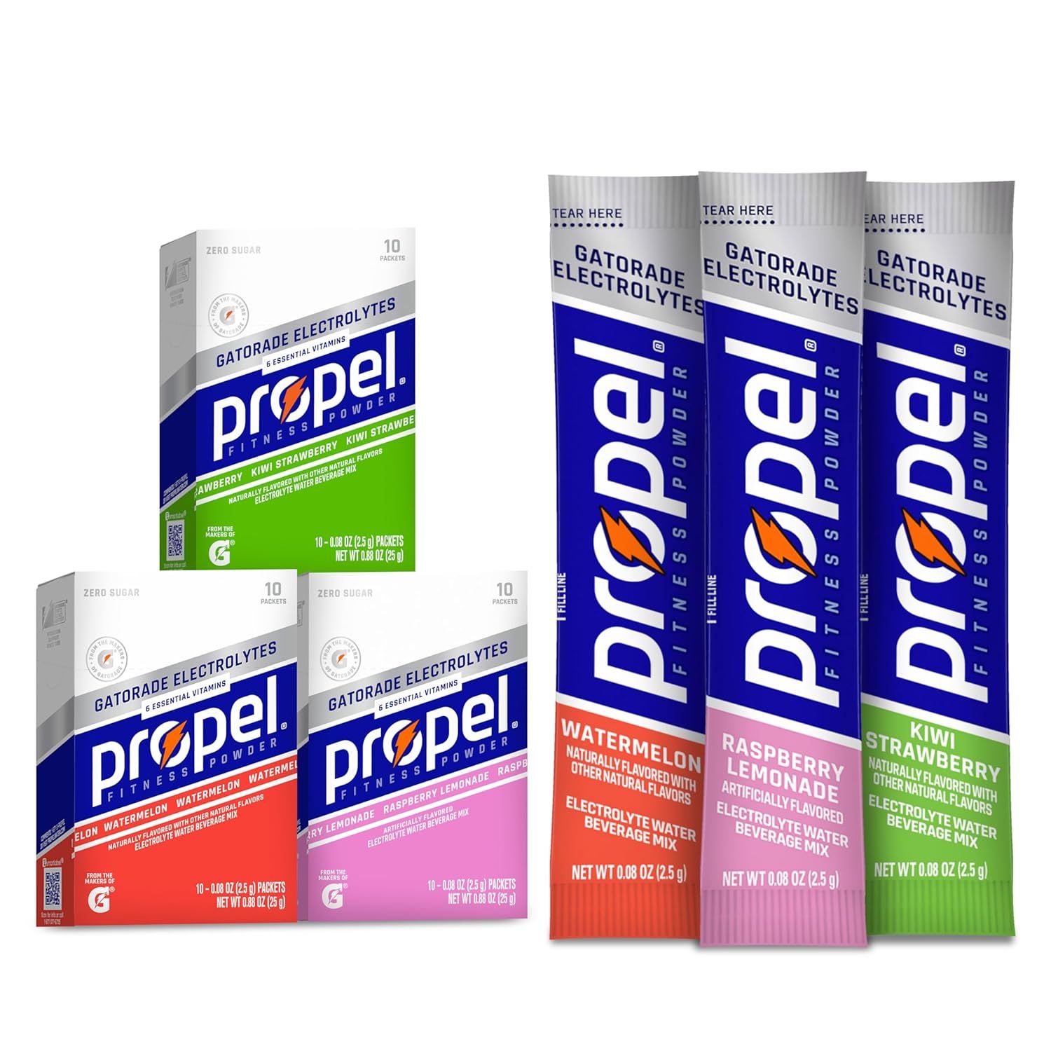 Shows the product in its retail packaging alongside individual packets to communicate what the buyer receives and the variety of flavors available. Displays multiple flavor options available for…