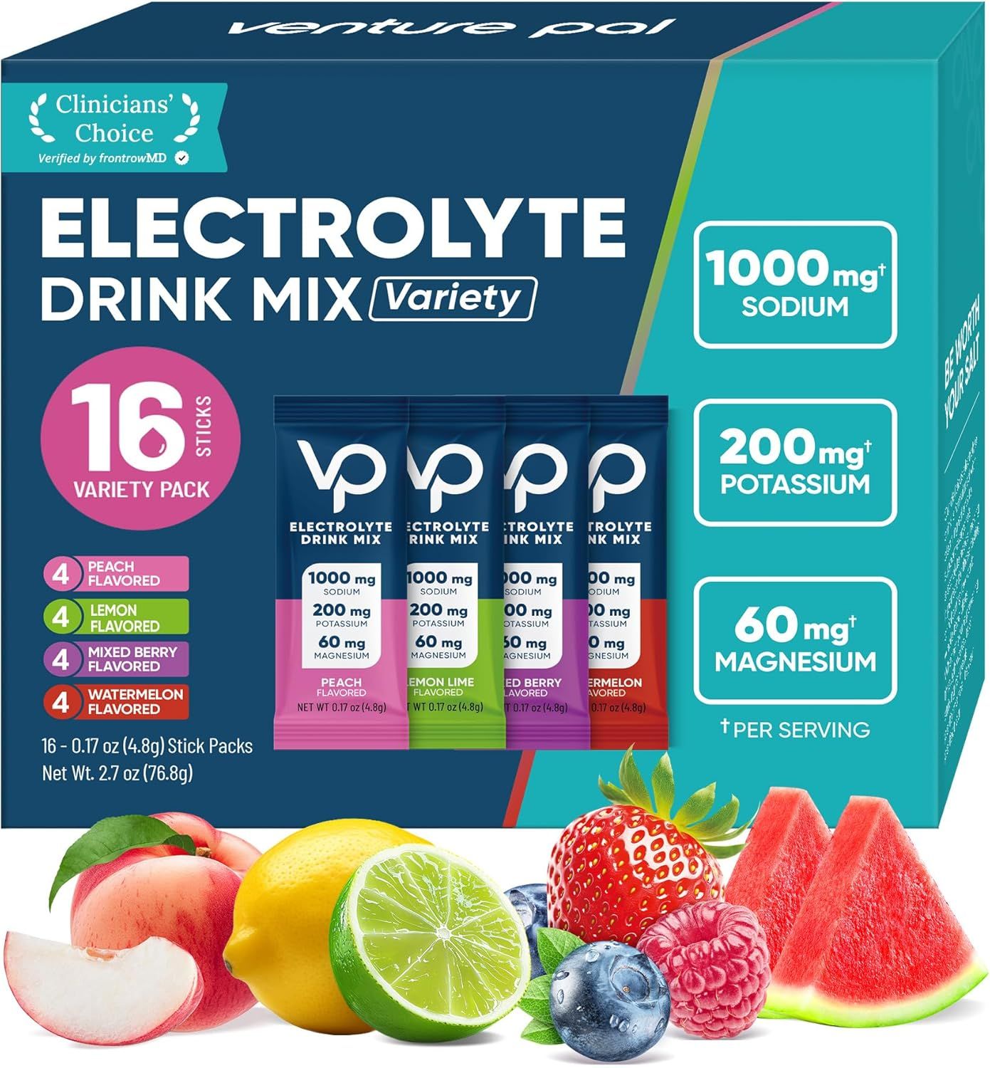 Displays the core product packaging and individual stick packs to show shoppers exactly what they will receive in this 16-pack variety bundle. Uses fresh fruit imagery at the bottom to visually…