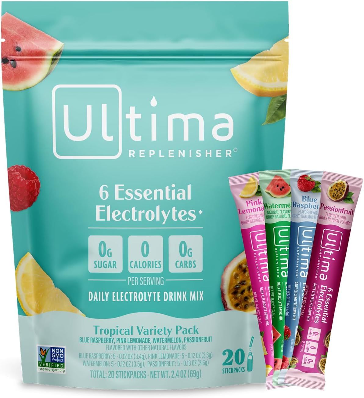 Displays the Ultima Replenisher electrolyte drink mix package with individual stick packs to show the product format, variety of flavors, and key nutritional benefits (0g sugar, 0 calories, 0g…