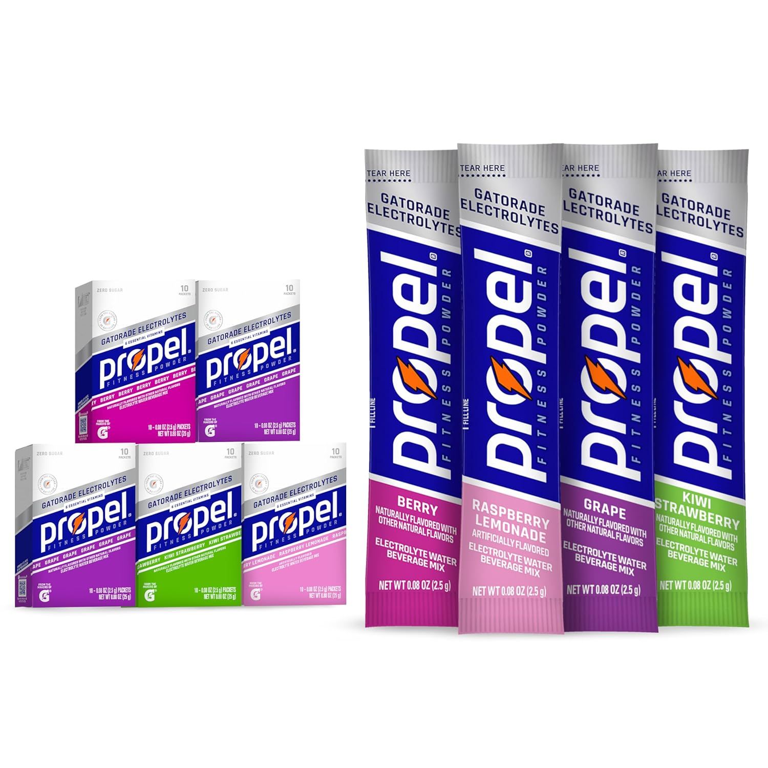 Displays the core product - Propel Fitness Water electrolyte powder packets - showing both the retail boxes and individual packets to communicate what the buyer receives. Shows the four different…
