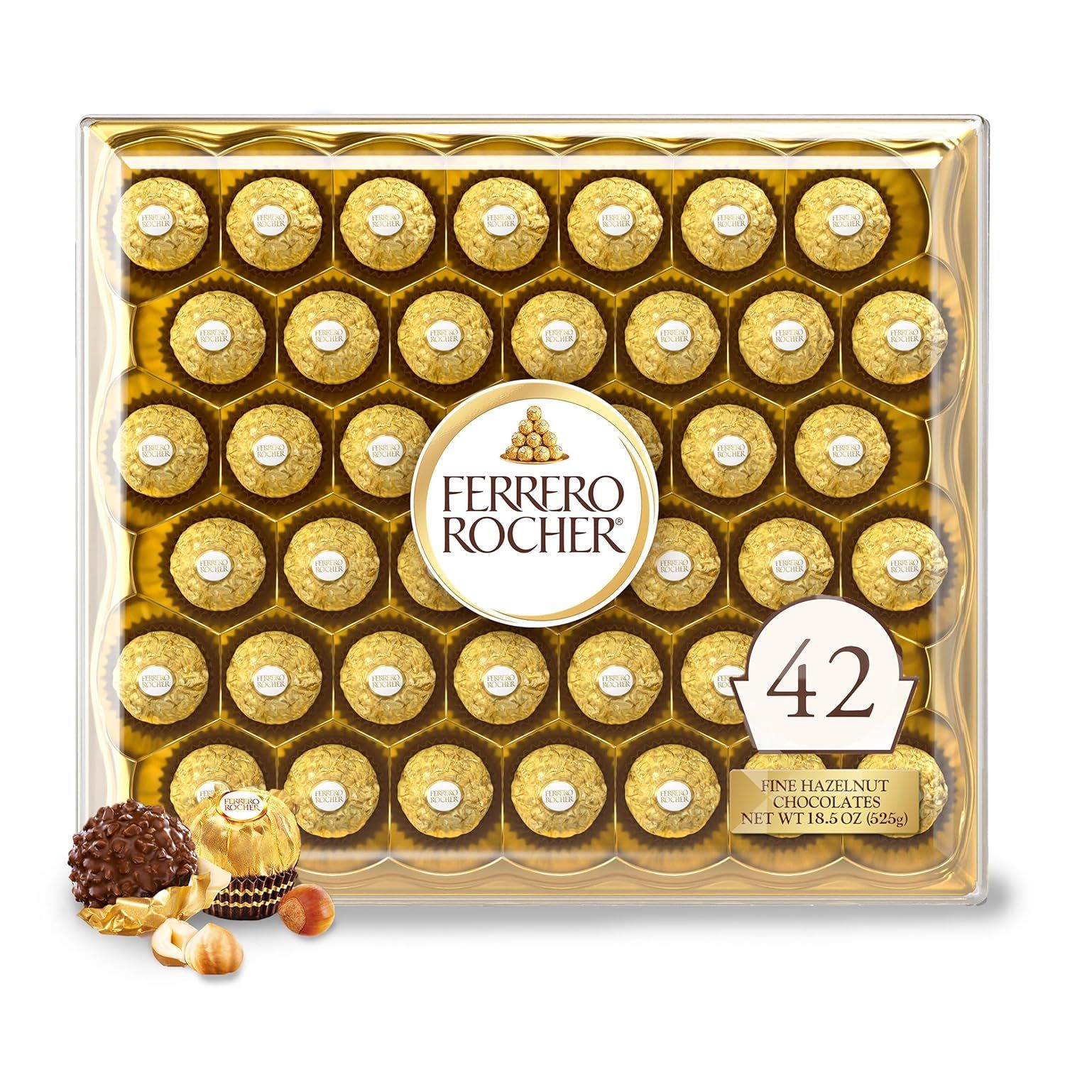 Shows the full 42-count box of Ferrero Rocher chocolates in their signature gold foil wrappers, clearly displaying the quantity and premium packaging to communicate value and gift-worthiness.…