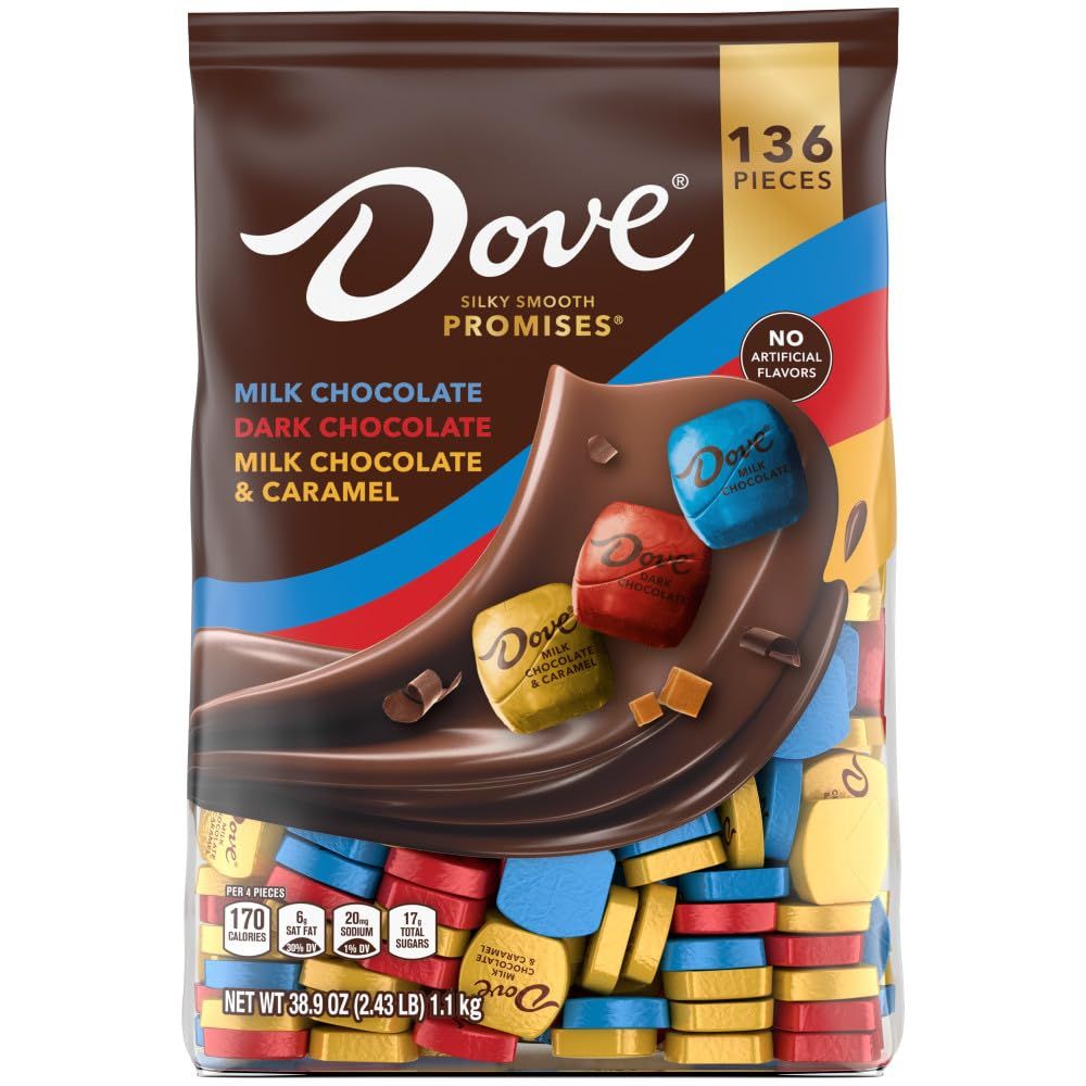 Shows the core sellable product - a bag of Dove Promises chocolates - with clear visibility of the actual wrapped chocolates inside through the transparent window, allowing shoppers to see exactly…