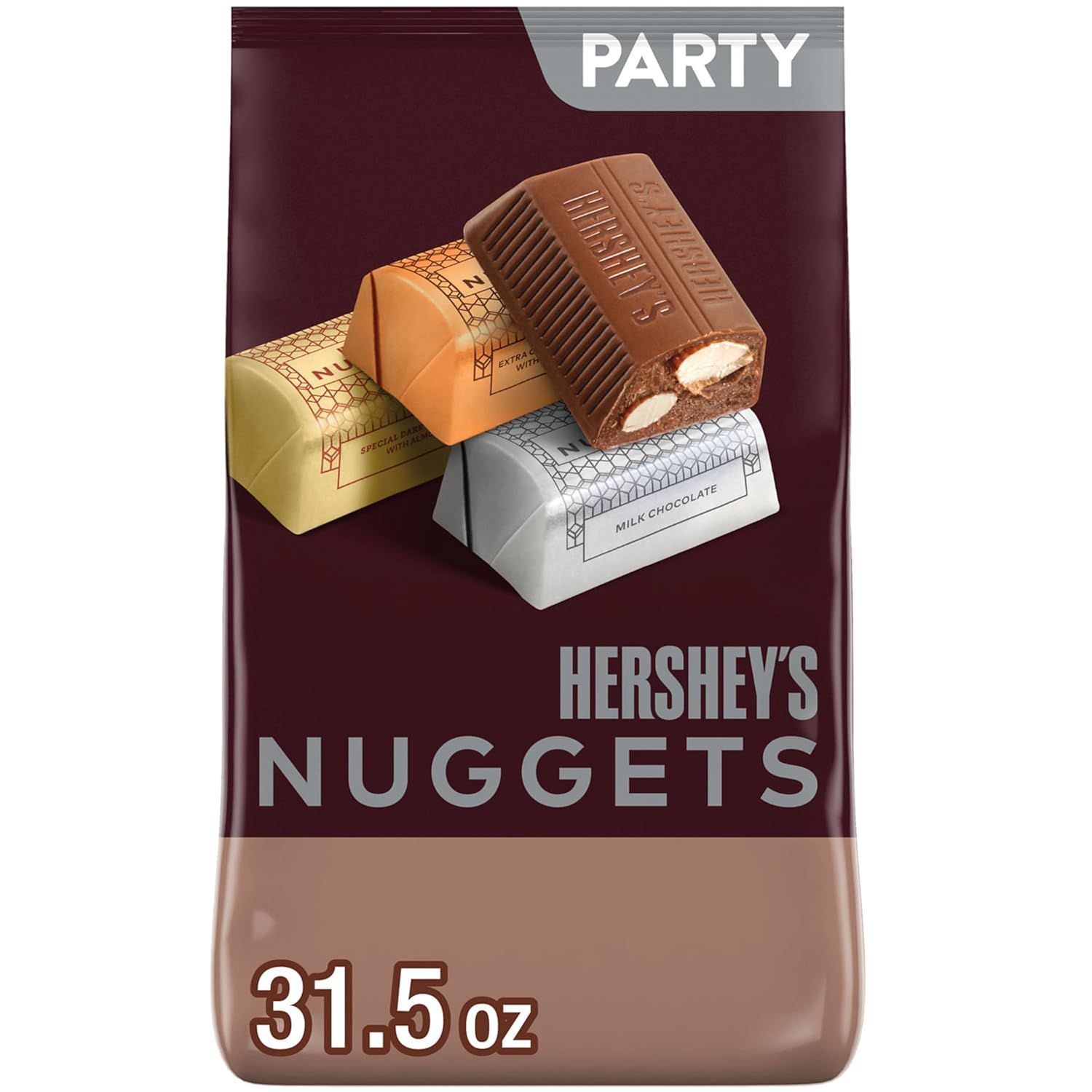 Shows the Hershey's Nuggets party-size package with multiple chocolate varieties visible, communicating the product's variety and party-size quantity to shoppers. Displays the retail packaging…