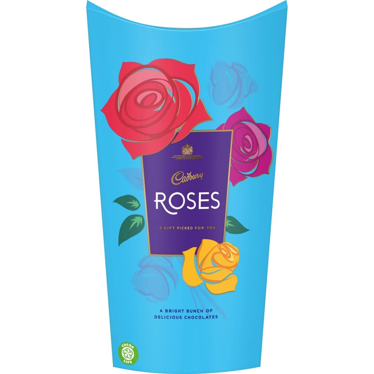 Shows the core product packaging for Cadbury Roses chocolates, clearly displaying the brand, product name, and gift-oriented design to help shoppers identify what they are purchasing. Displays the…