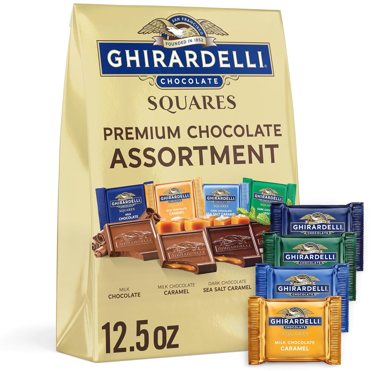 Shows the core product—a Ghirardelli chocolate assortment—with both the retail package and individual wrapped squares to communicate variety and premium quality to the shopper. Displays the physical…