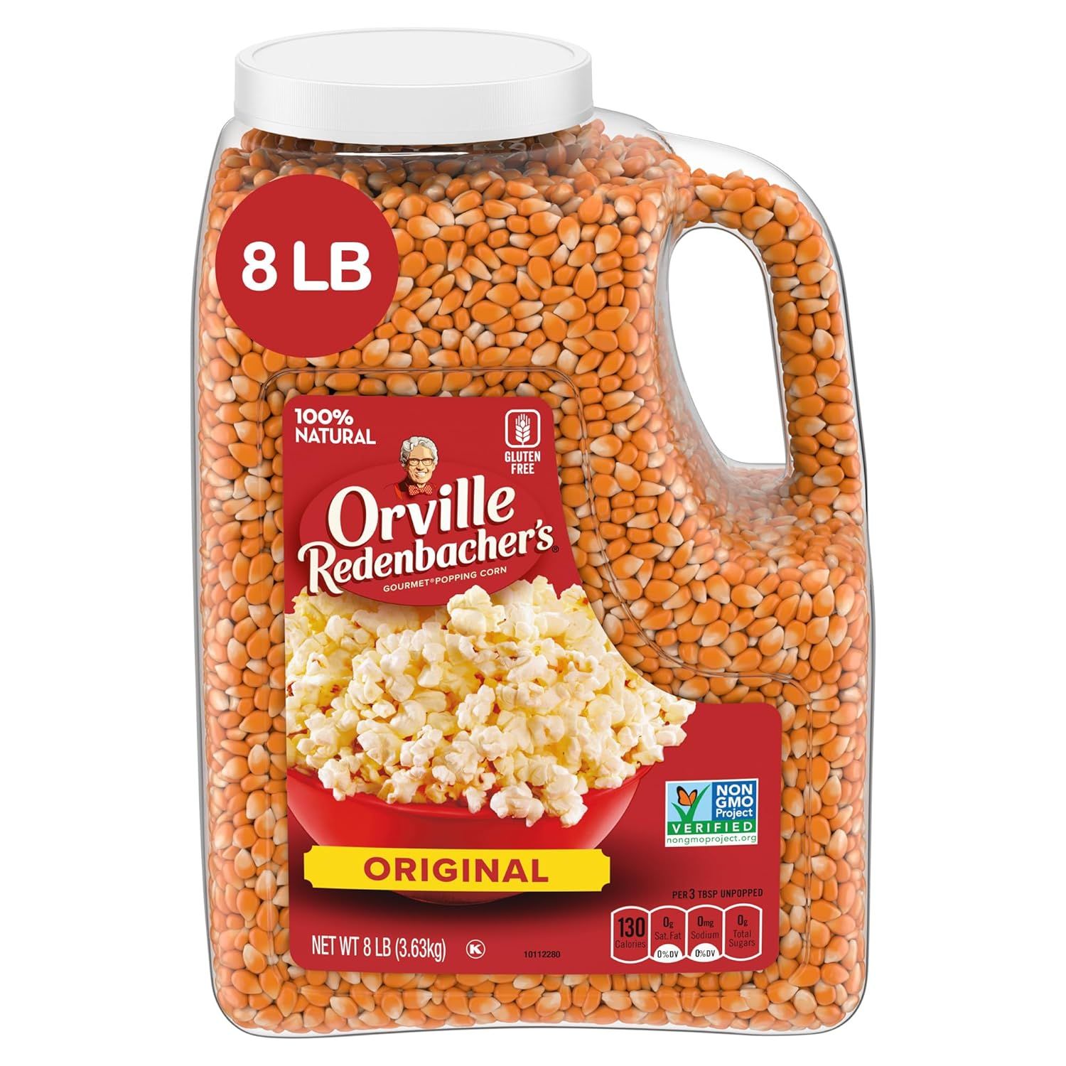 Shows the core product in its retail container to communicate the large 8 LB quantity and the brand identity of Orville Redenbacher's Original popping corn. Displays the physical retail packaging…