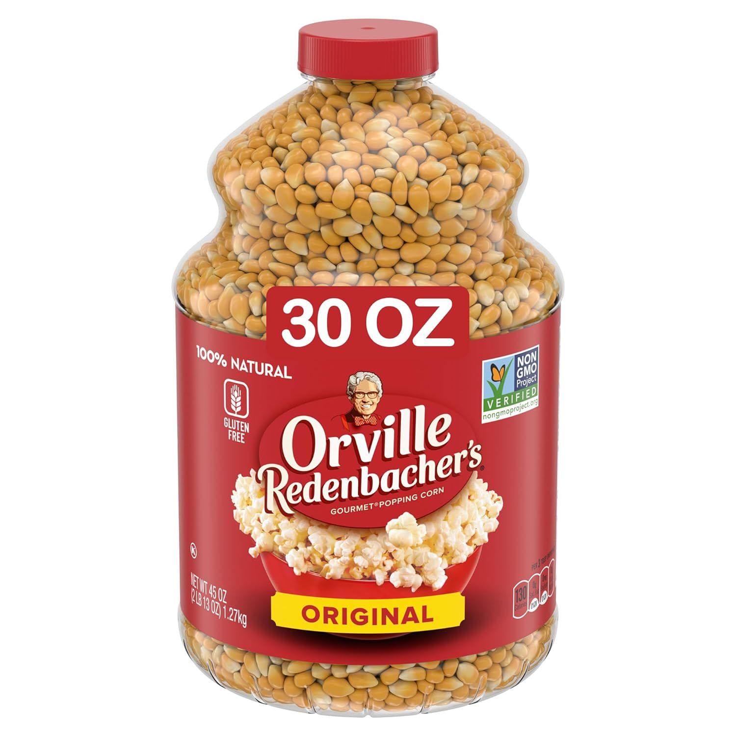 Shows the core product clearly on a white background, allowing shoppers to see both the packaging design and the actual popcorn kernels inside the transparent bottle. Displays the retail packaging…