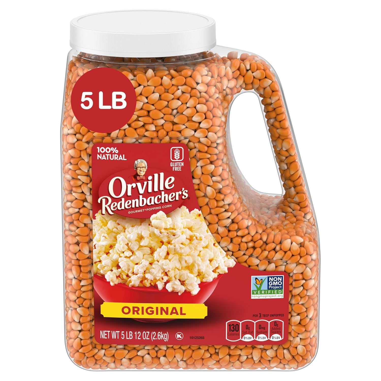 Shows the core product clearly - a large 5 LB container of Orville Redenbacher's Original popping corn with visible kernels and branding, allowing shoppers to see exactly what they are purchasing.…