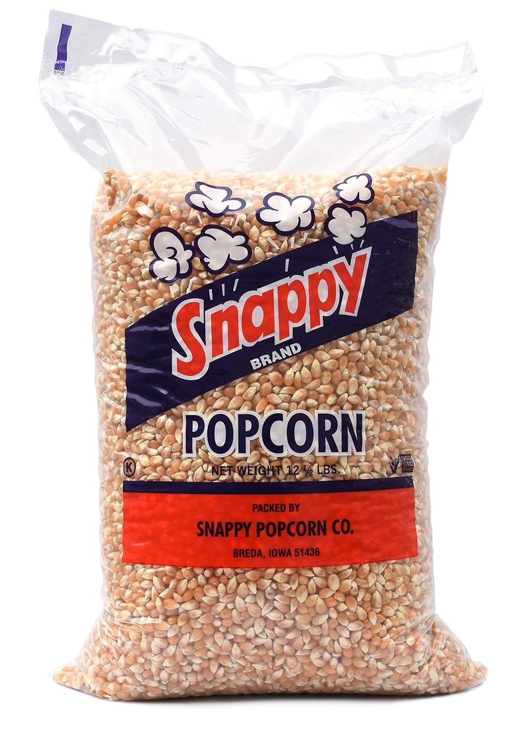 Shows the core product—a large bag of unpopped popcorn kernels—clearly displayed so shoppers can see the brand, quantity, and what they are purchasing. Displays the retail packaging with brand name,…