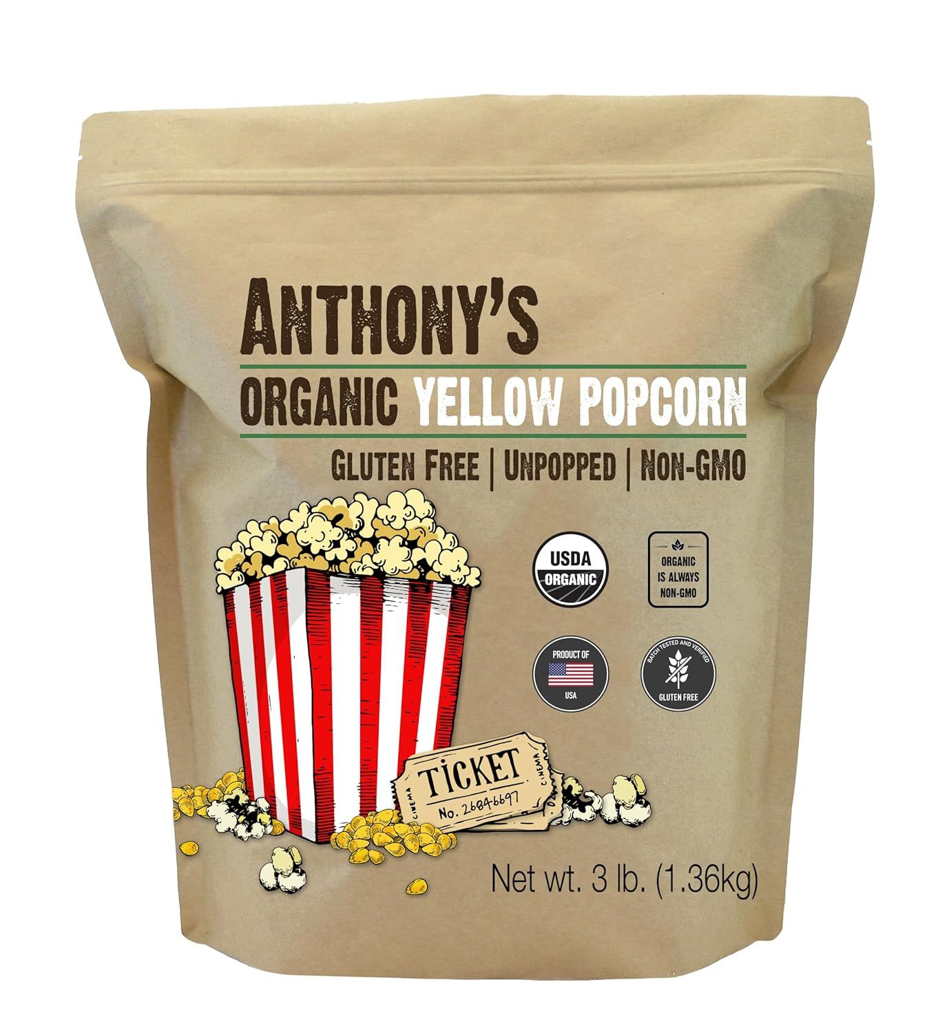 Displays the core product packaging clearly to show shoppers exactly what they will receive, emphasizing the organic, gluten-free, and non-GMO attributes of the unpopped popcorn kernels. Shows the…