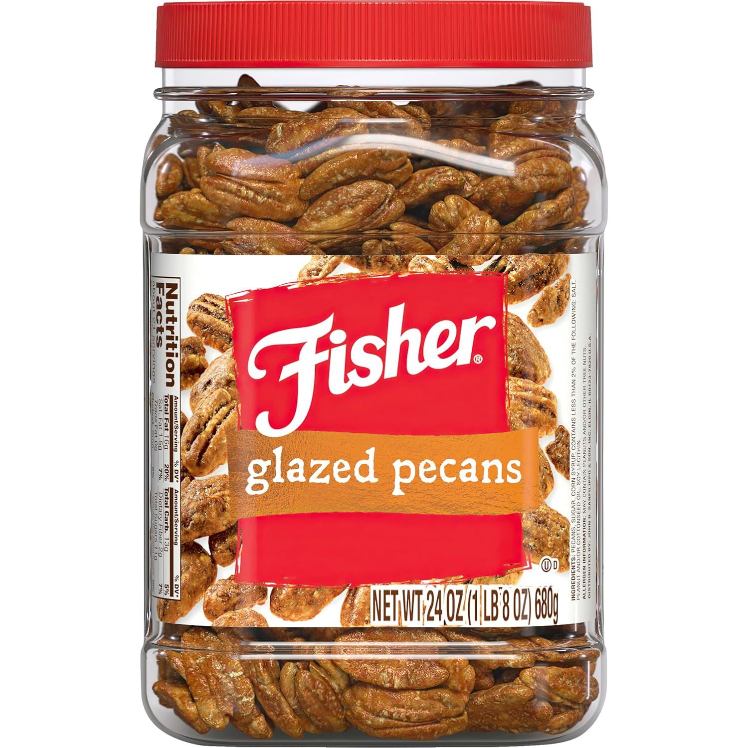 Shows the core product—a jar of Fisher glazed pecans—clearly displaying both the packaging label and the visible product inside to help shoppers understand exactly what they are purchasing. Displays…