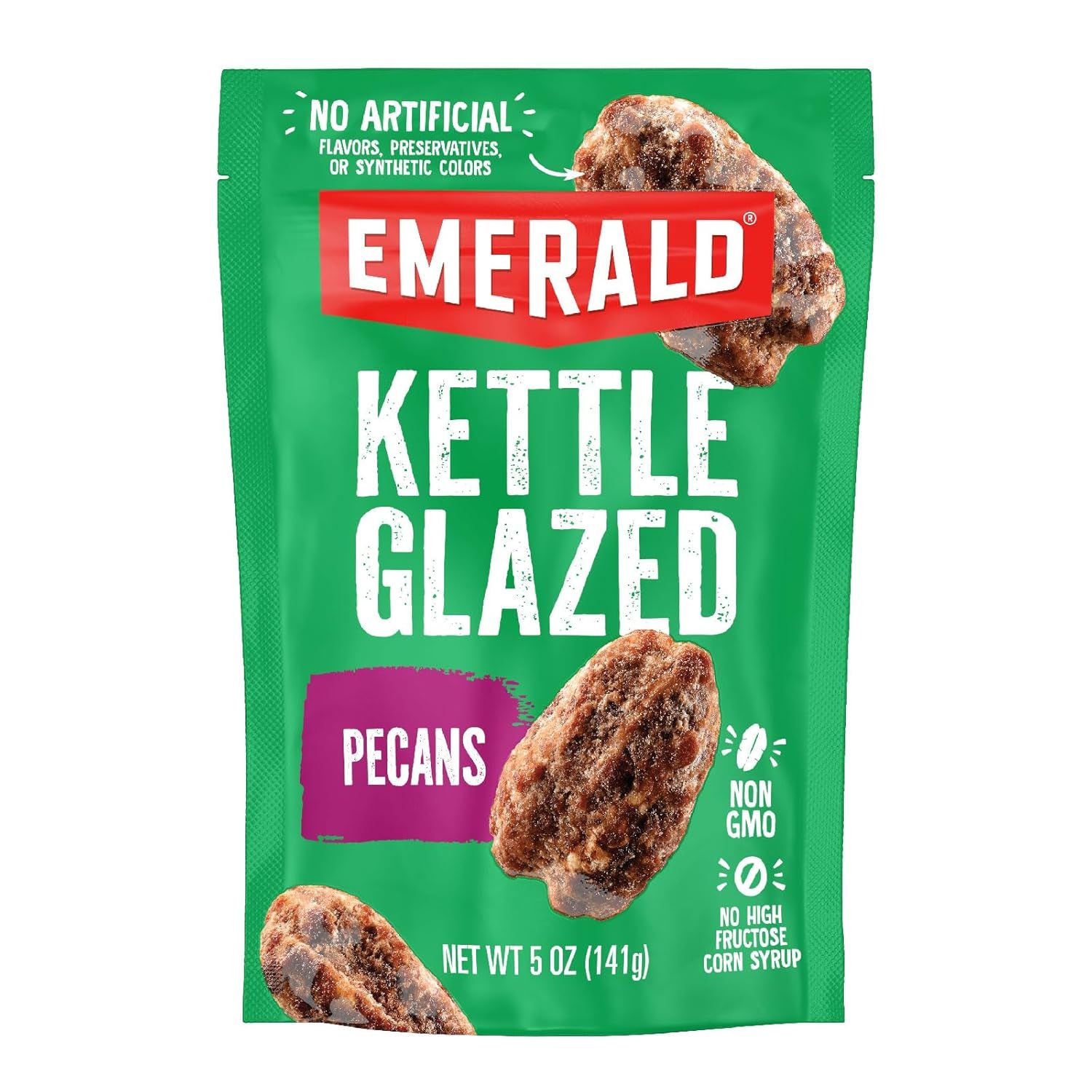 Shows the retail package of Emerald Kettle Glazed Pecans to communicate the product identity, flavor, and key selling points like no artificial ingredients, non-GMO, and no high fructose corn syrup.…