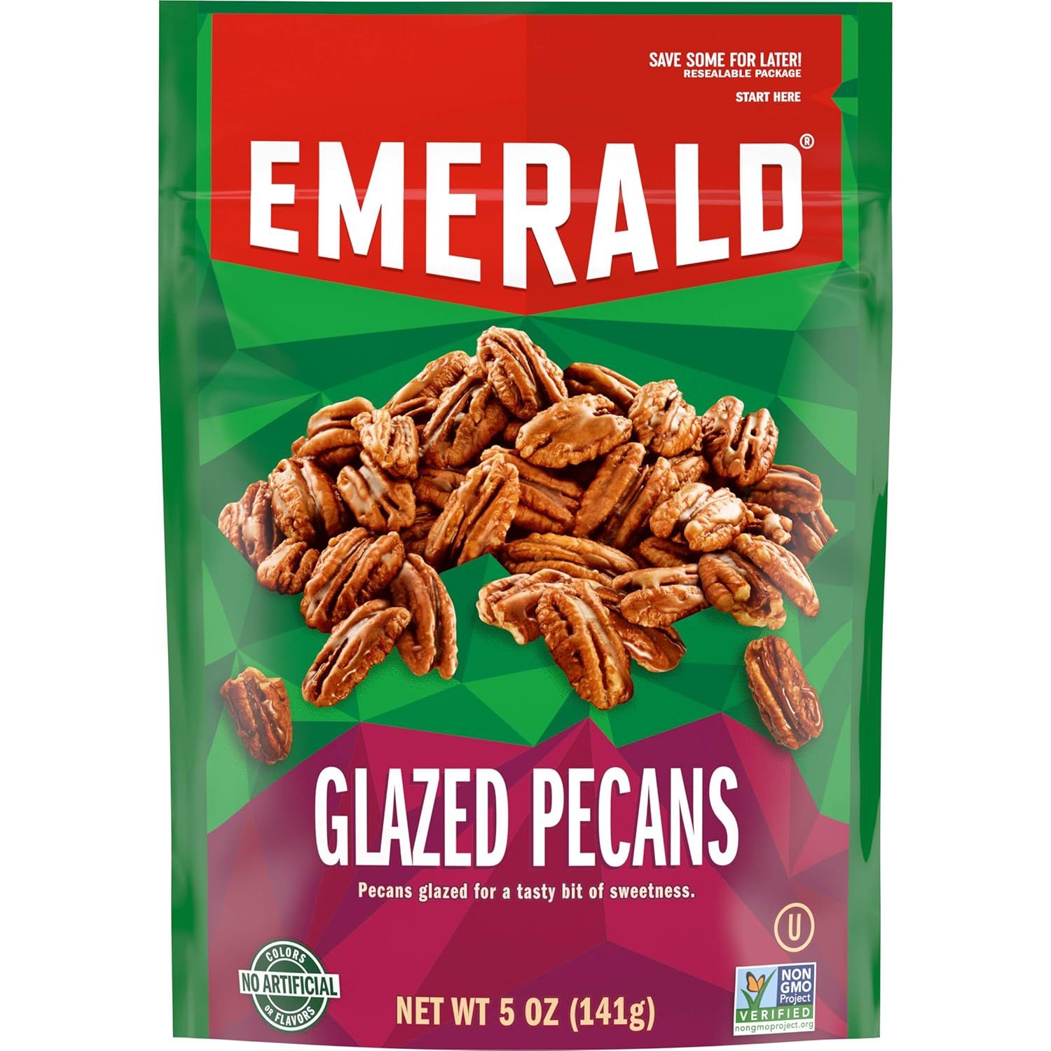 Shows the core product packaging with clear branding and product visibility to help shoppers identify the Emerald Glazed Pecans and understand what they are purchasing. Displays the retail packaging…