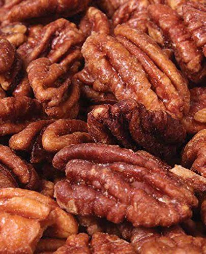 Displays the core product—glazed or candied pecans—in a close-up catalog style to show the shopper the texture, coating, and quality of the nuts they will receive.