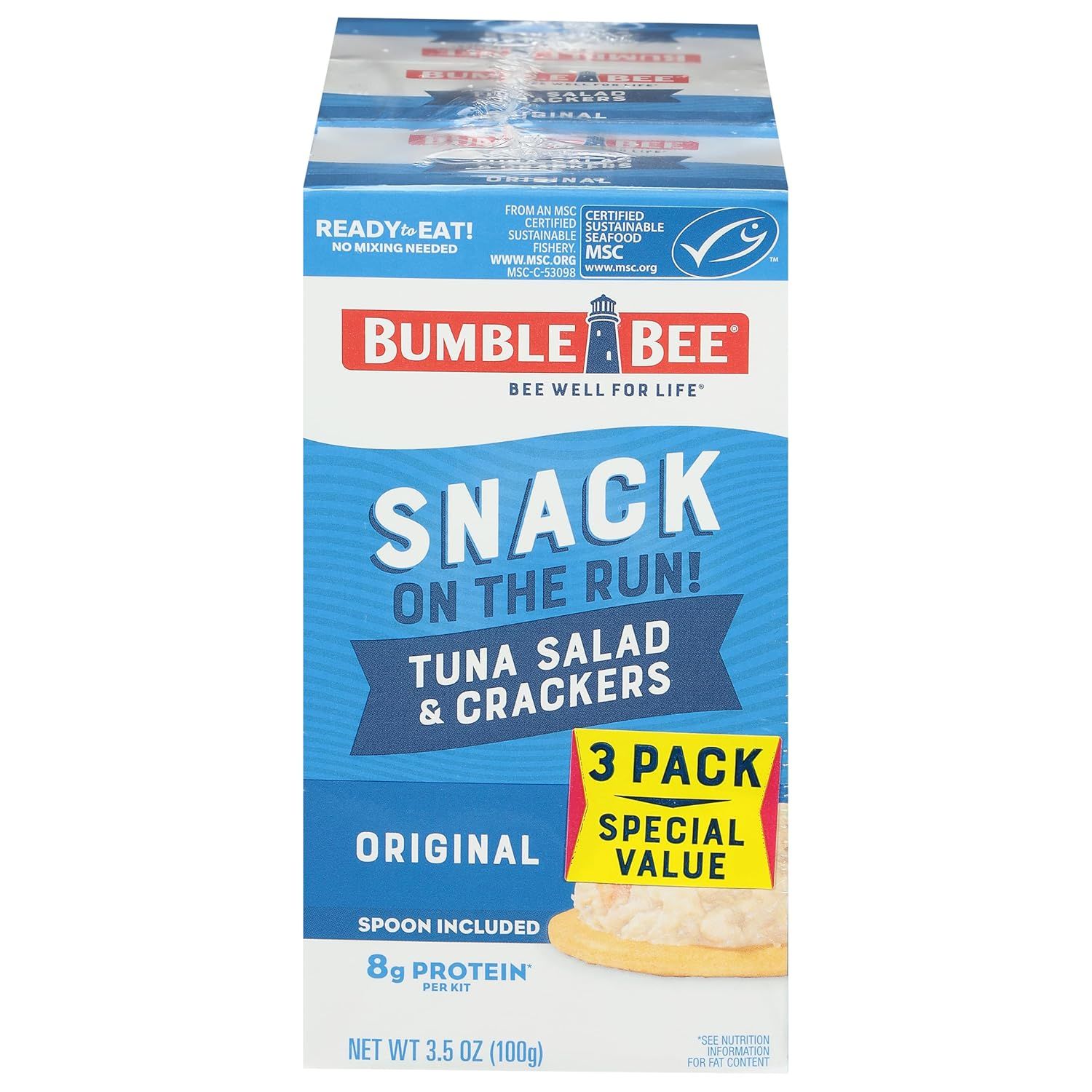 Shows the core sellable product—a 3-pack of Bumble Bee tuna salad and crackers kits—clearly displaying the packaging, brand, and key features like convenience, protein content, and multi-pack value…