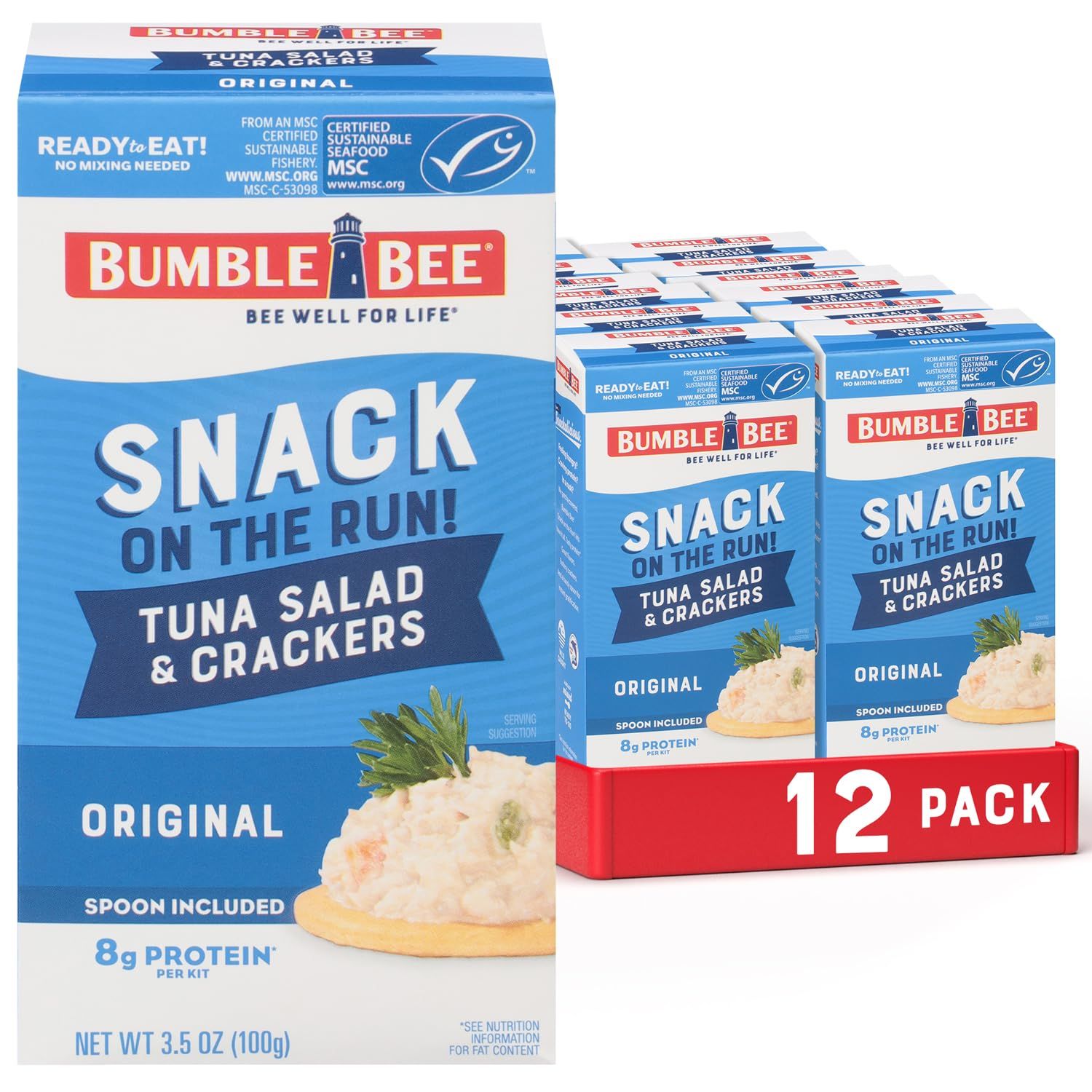 Shows the core product—a 12-pack of Bumble Bee Tuna Salad & Crackers snack kits—clearly displayed with both individual box detail and the full multi-pack quantity to communicate value and…