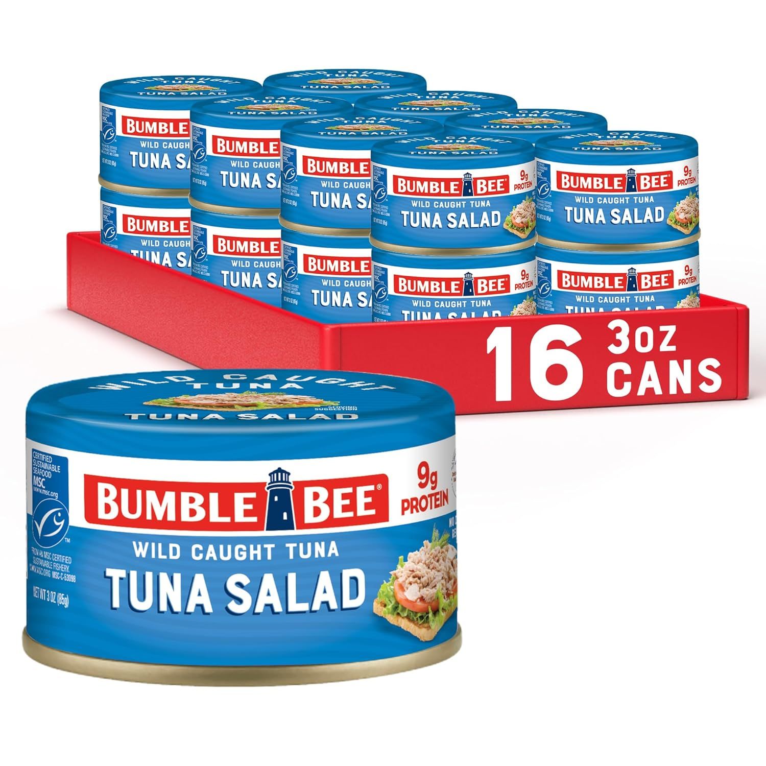 Shows the core product clearly—a 16-can multi-pack of Bumble Bee Tuna Salad—with one can prominently displayed in front to highlight the brand, product type, and key nutritional benefit (9g…