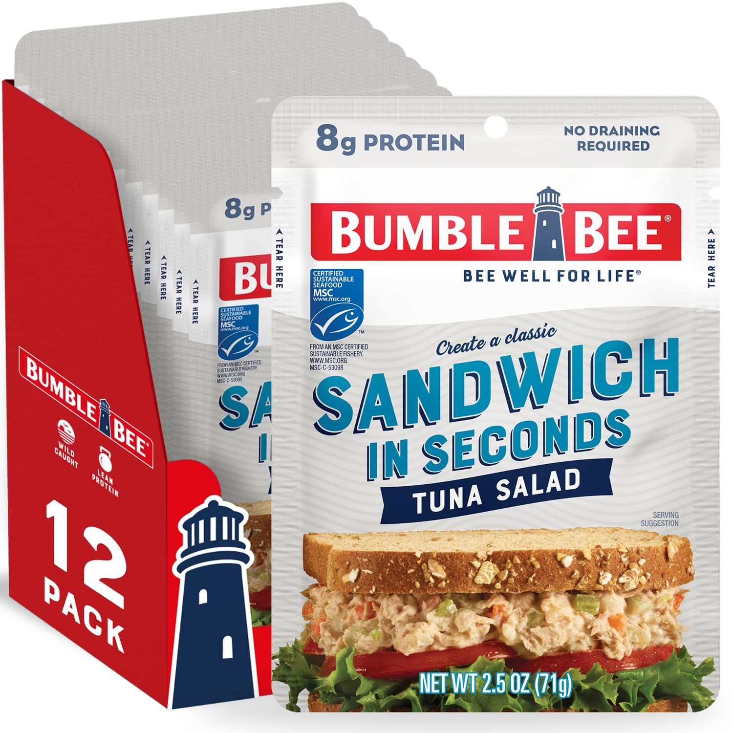 Shows the core sellable product—a 12-pack of Bumble Bee tuna salad pouches—clearly displaying the packaging and product format to help shoppers understand what they are purchasing. Displays both the…