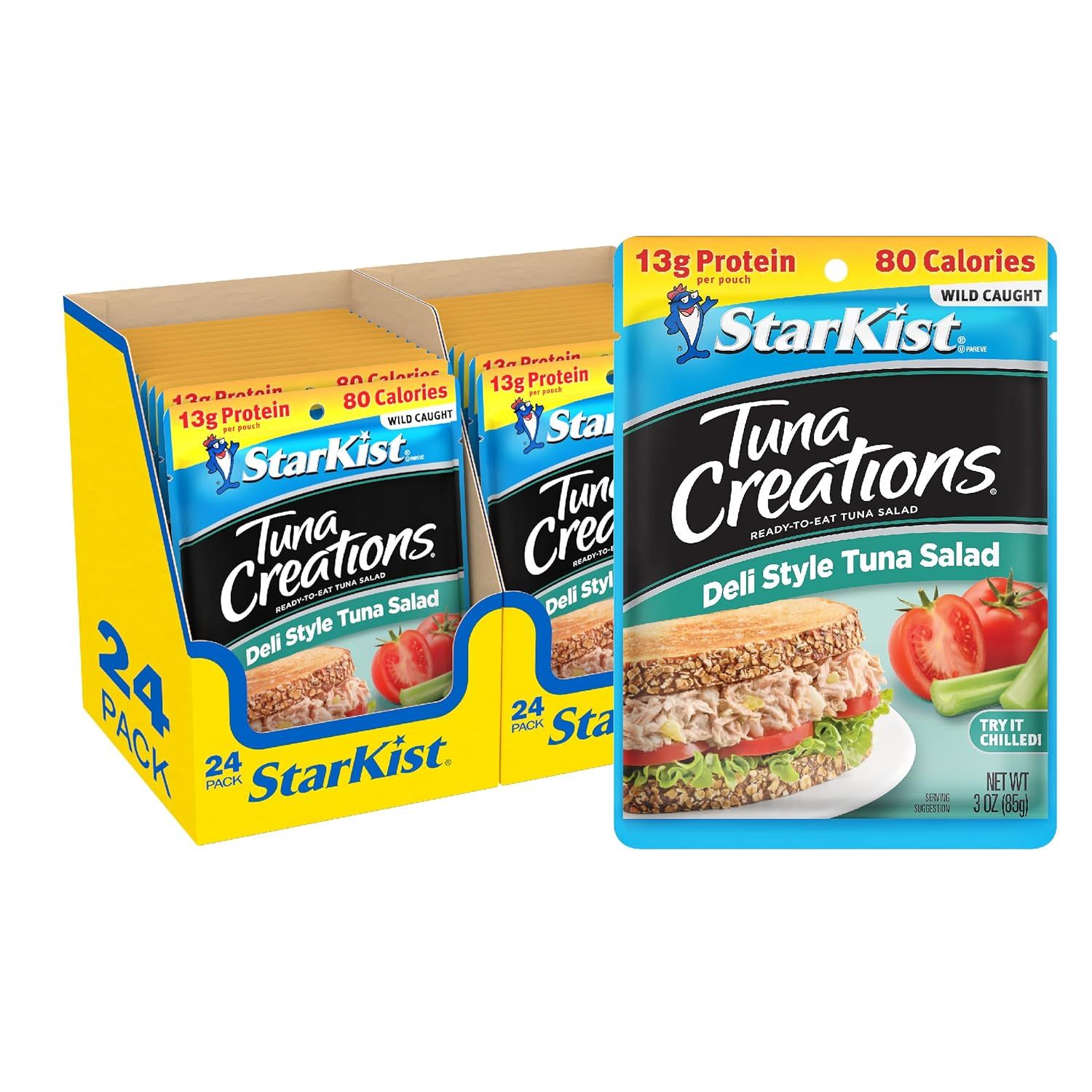Shows the core sellable product as a 24-pack of StarKist Tuna Creations pouches, clearly displaying both the retail box and individual pouch to communicate what the buyer receives. Displays the…