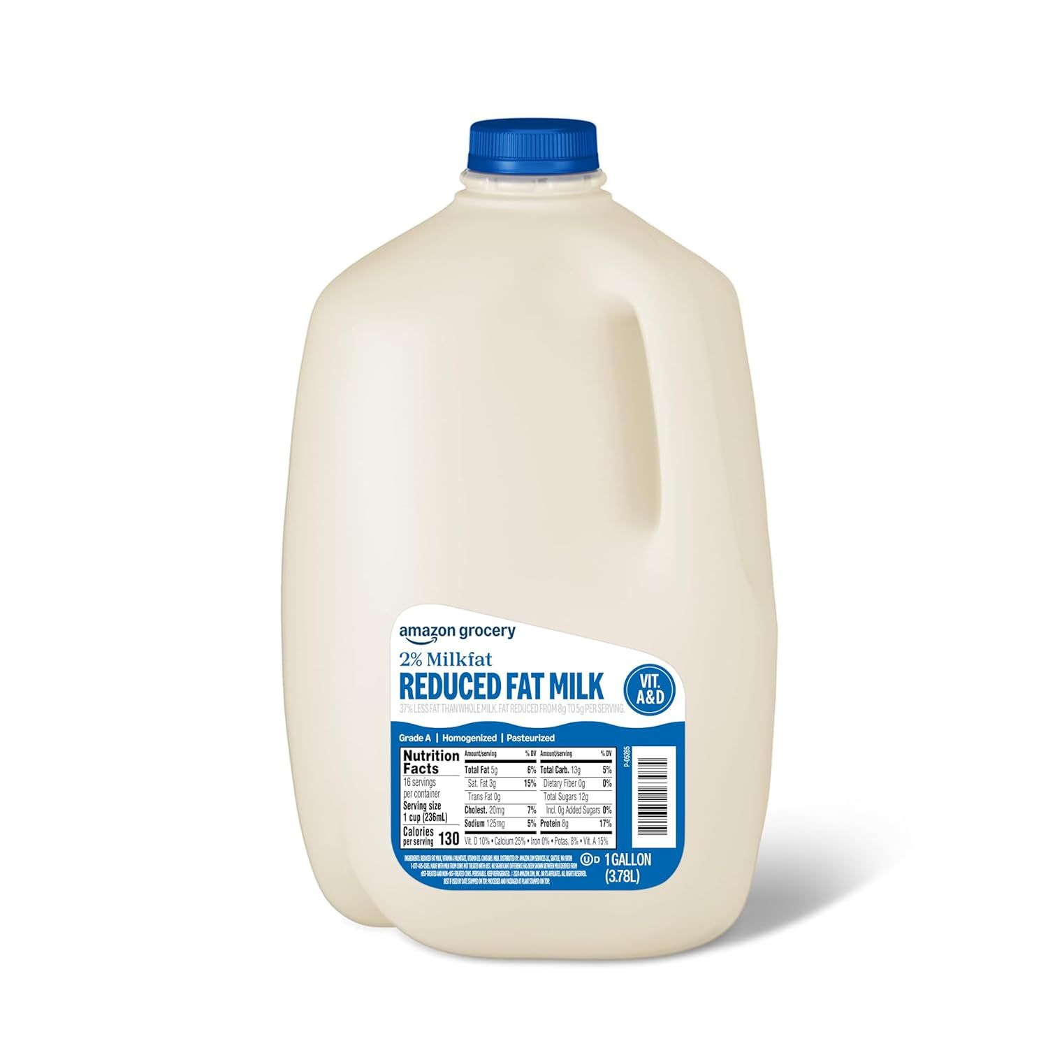 Shows the 1-gallon milk jug clearly with full product labeling visible, allowing shoppers to identify the product, brand, fat content, and size. Displays the physical retail packaging including the…