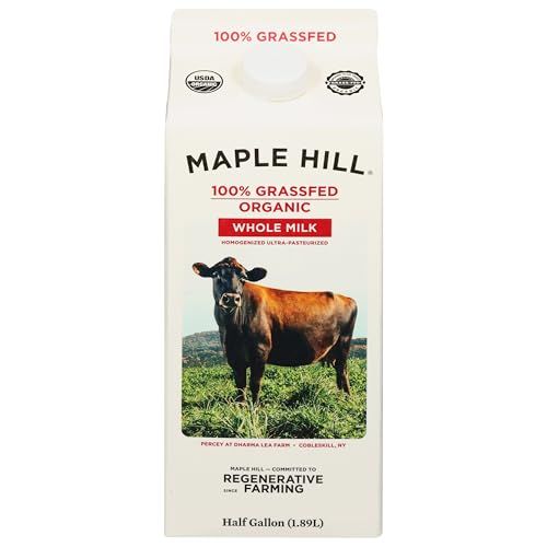 Shows the actual retail milk carton packaging the shopper will receive, communicating the brand, product type (100% grassfed organic whole milk), and key selling points to help the buyer identify…