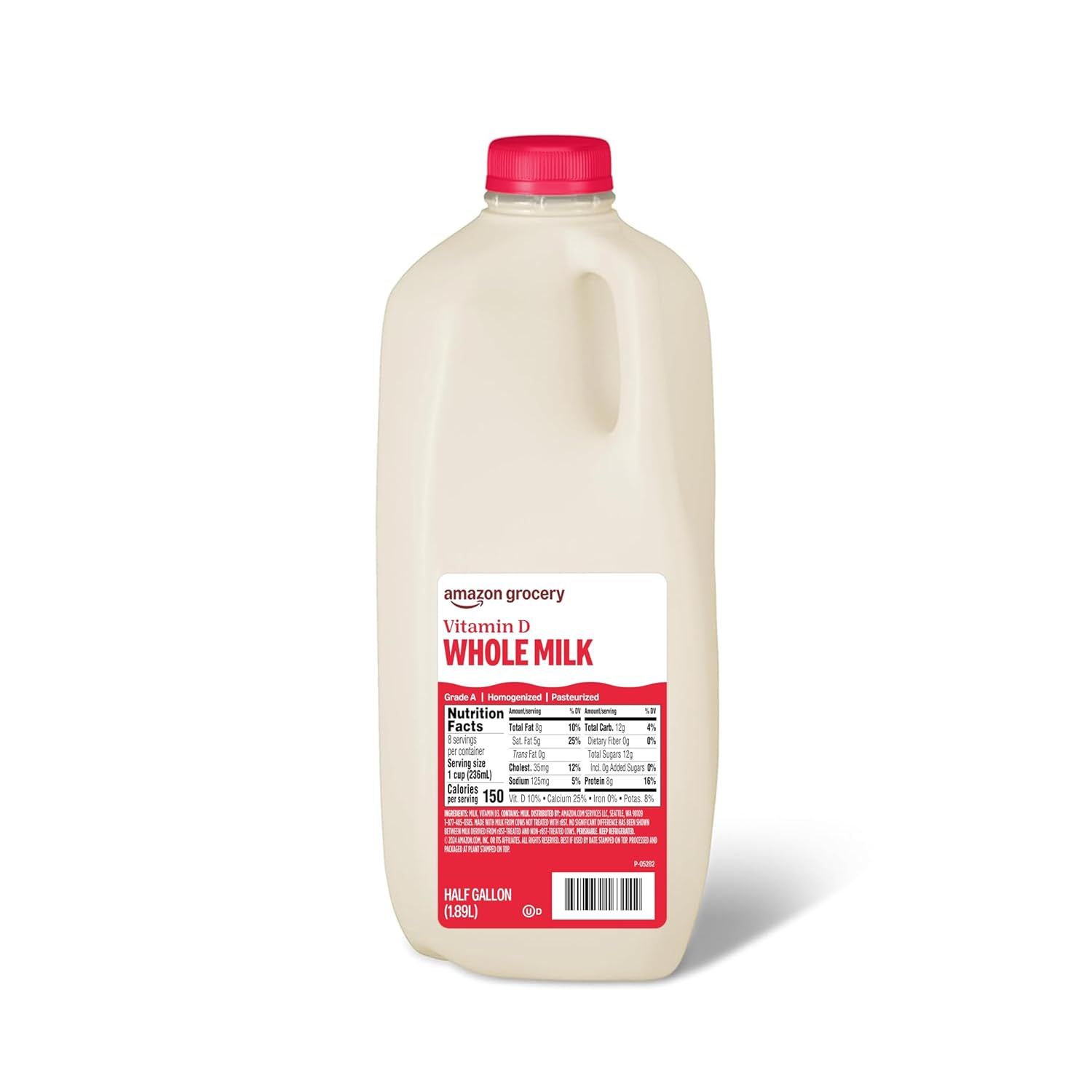 Displays the core sellable product, a half-gallon bottle of Vitamin D whole milk, clearly showing the product form, branding, and nutritional information to help shoppers identify and evaluate the…