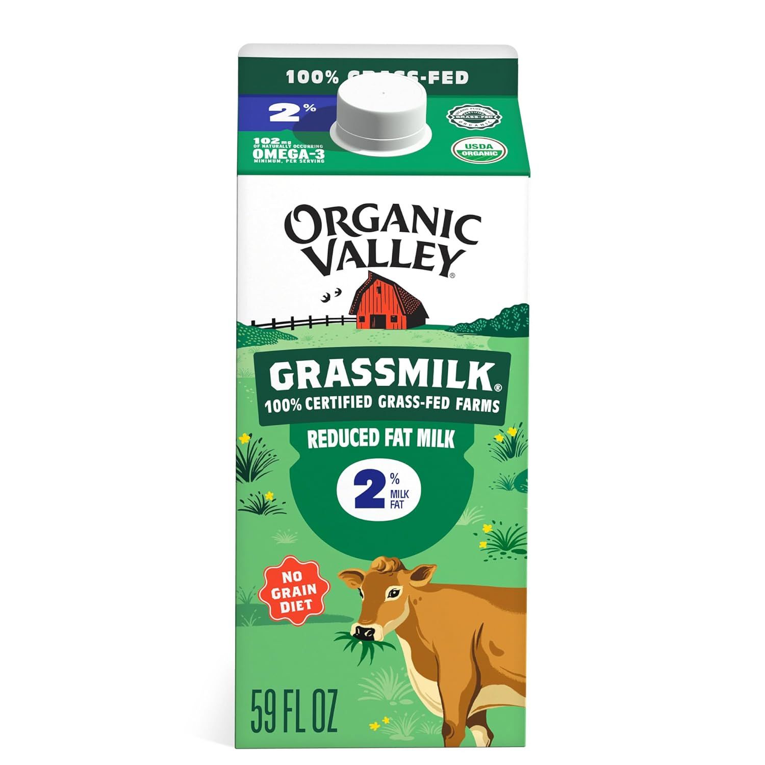 Displays the core product packaging to communicate the brand, product type, organic certification, grass-fed sourcing, and reduced fat content to help shoppers identify and select this specific milk…