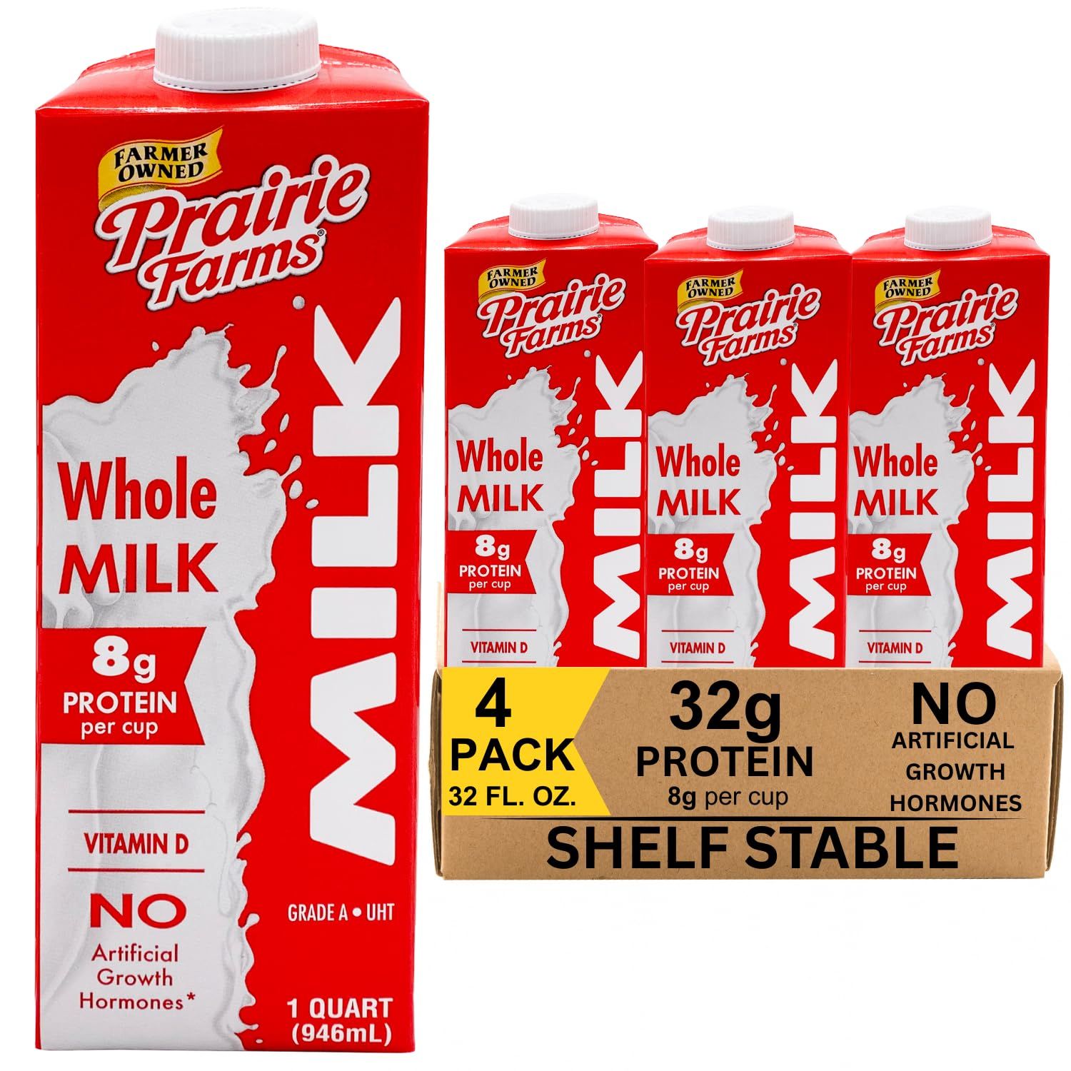 Shows the core product in both individual carton and 4-pack bundle format to communicate the purchase option and packaging format clearly to shoppers. Displays the actual retail packaging the buyer…