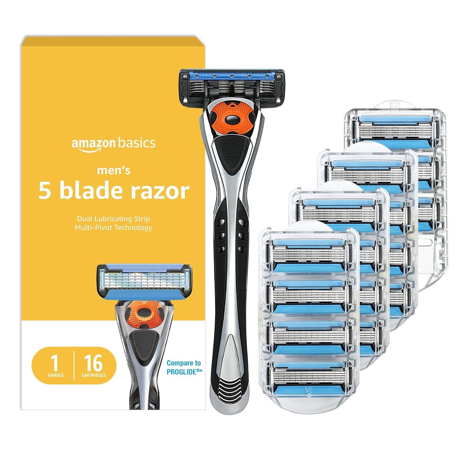 Displays the complete razor set including one handle and 16 replacement cartridges to show the shopper exactly what is included in the purchase and communicate the value of the multi-pack. Shows the…