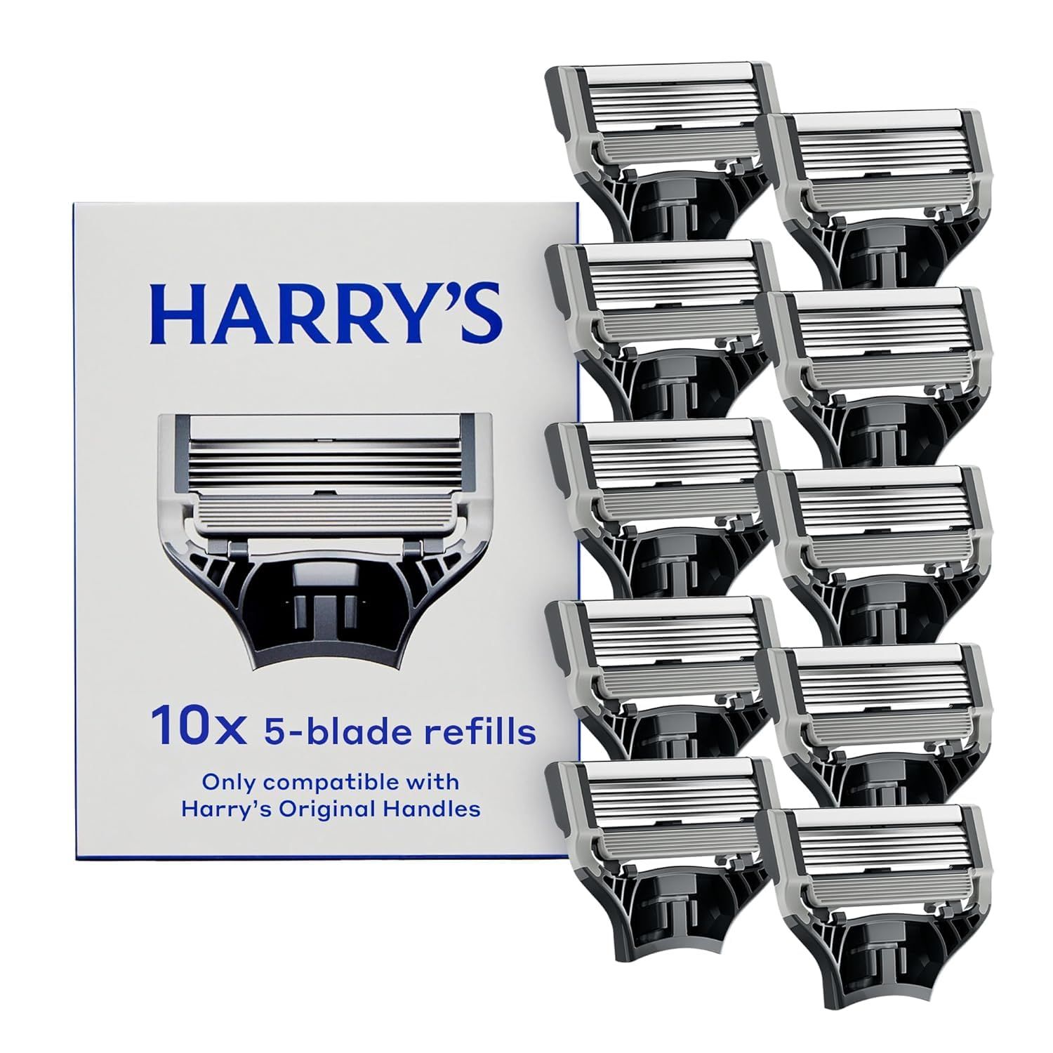 Shows the complete set of 10 razor blade refills alongside the retail packaging to communicate quantity and value to the shopper. Displays the Harry's branded packaging with clear product…