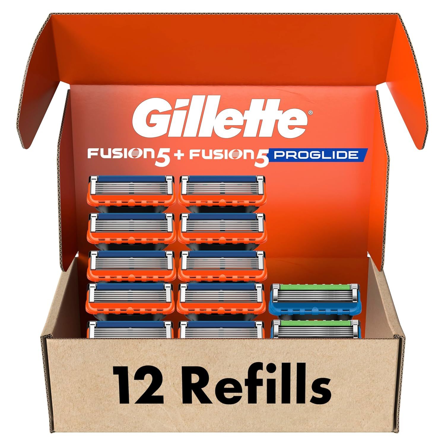 Shows the complete set of 12 razor refills in branded packaging to communicate the quantity, variety, and value of the multi-pack offering. Displays the physical retail packaging the buyer will…