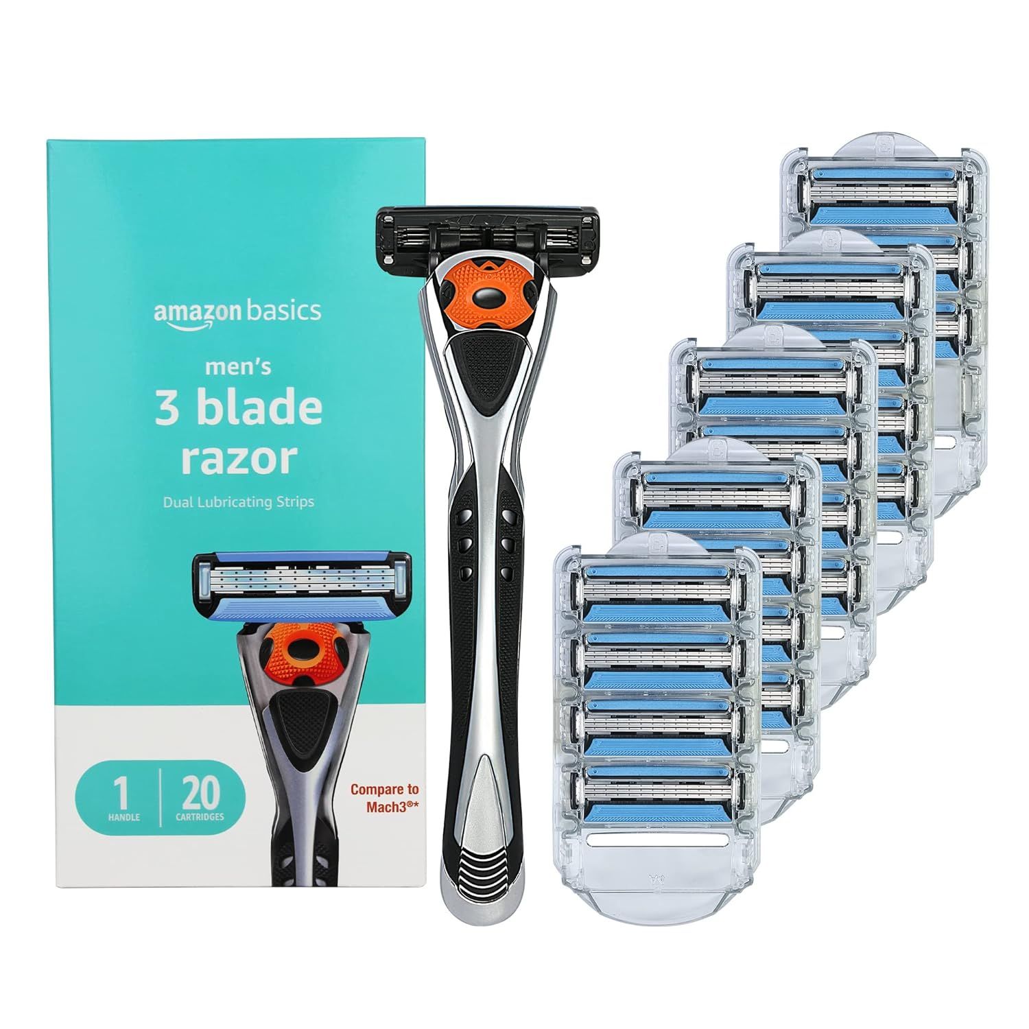 Shows the complete razor system including one handle and a large stack of 20 replacement cartridges to communicate value and long-term supply. Displays the Amazon Basics branded retail packaging to…