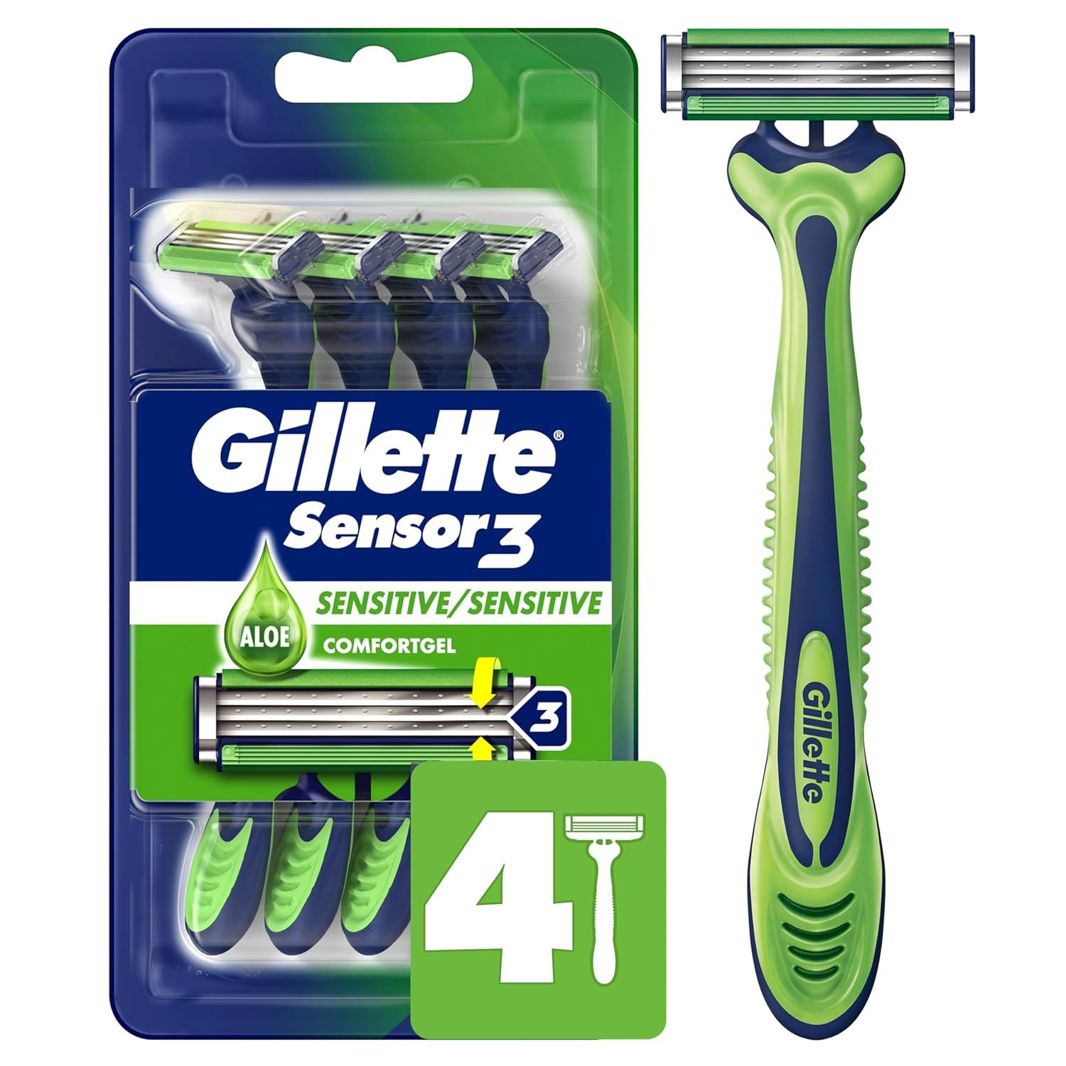 Shows the Gillette Sensor3 Sensitive razors with aloe comfort gel in a 4-pack, clearly displaying both the packaged product and an individual razor to communicate what the shopper will receive.…