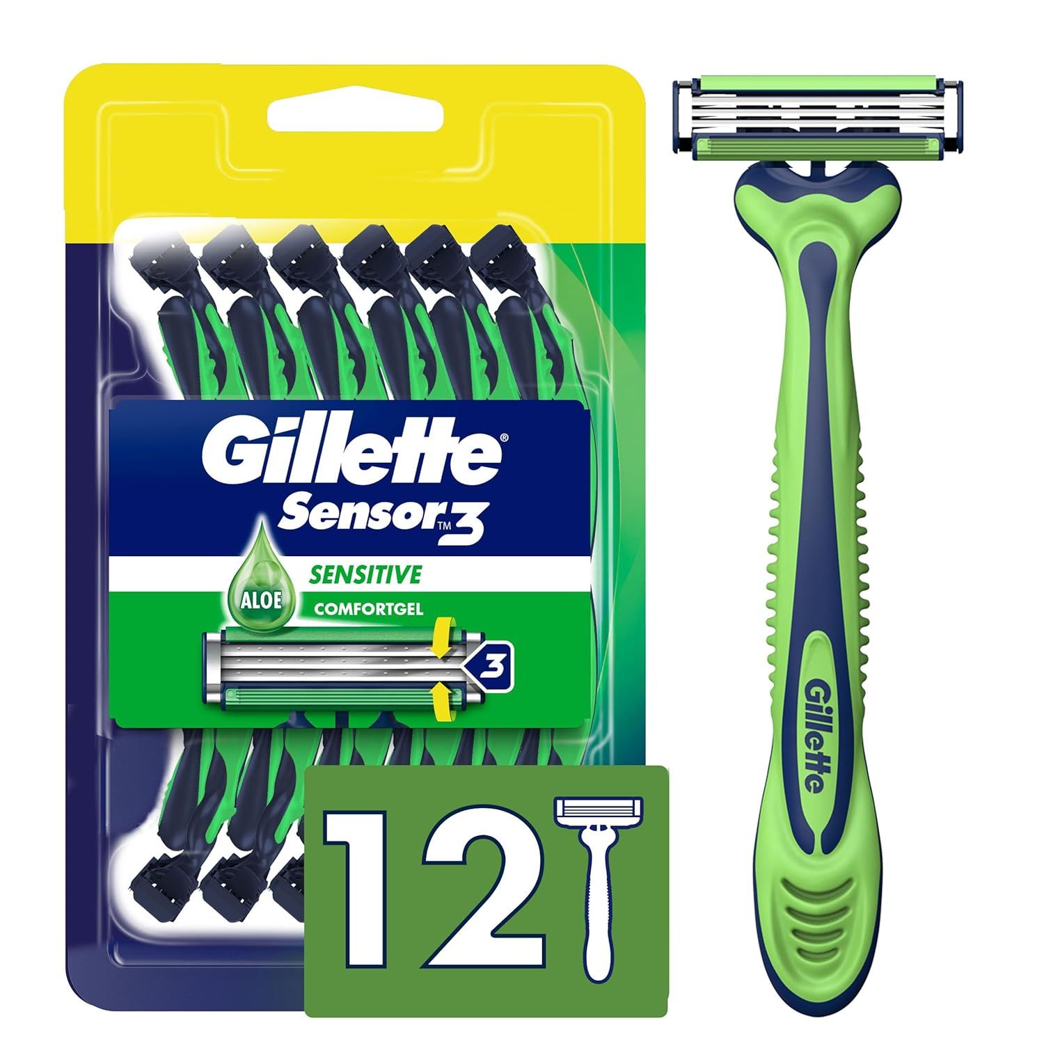 Shows the core product—a 12-pack of Gillette Sensor3 Sensitive razors with aloe comfort gel—clearly displayed in retail packaging alongside an individual razor to communicate what the shopper will…