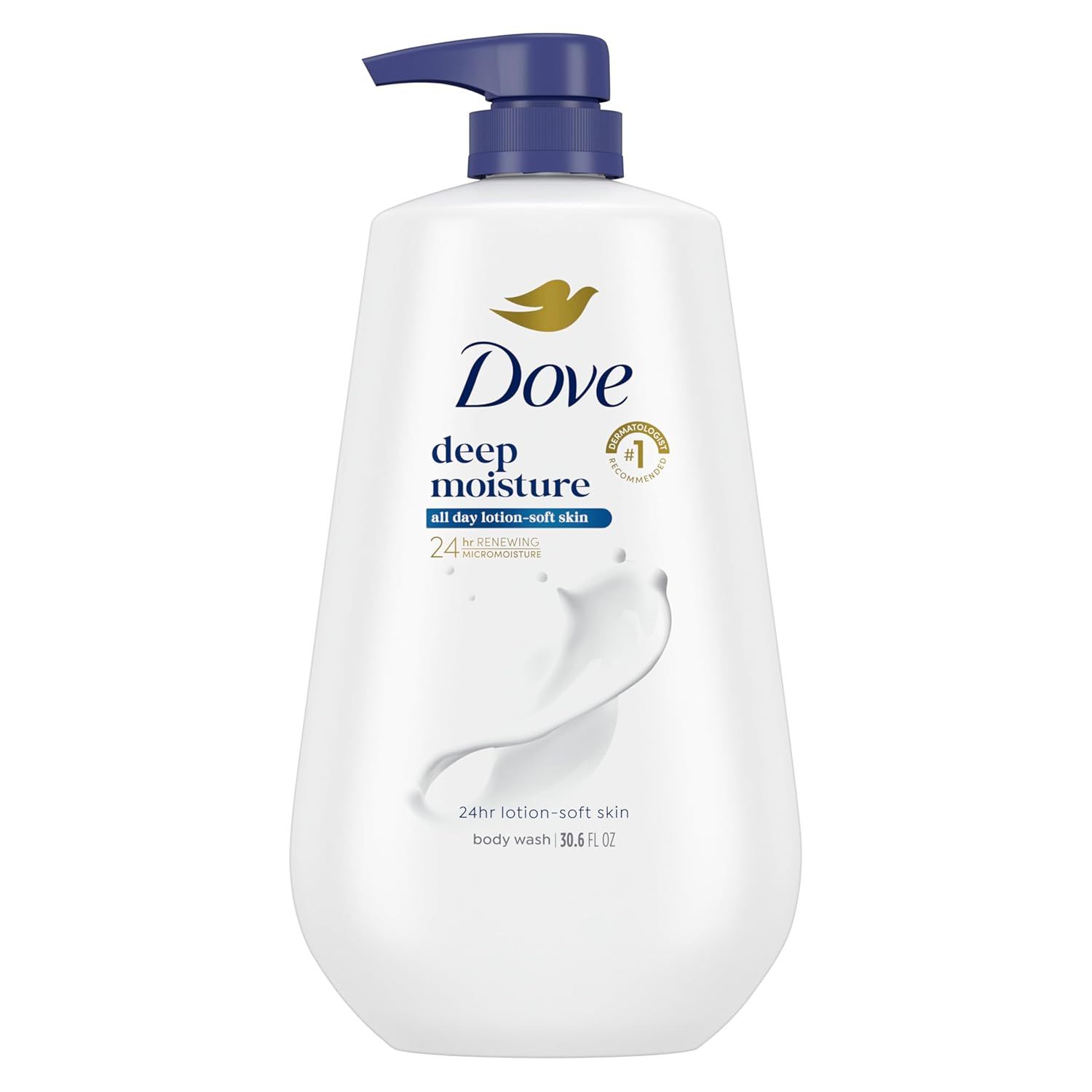 Displays the core product clearly on a white background to show the Dove body wash bottle, its pump dispenser, branding, and key product claims like deep moisture and 24-hour renewing micromoisture.…