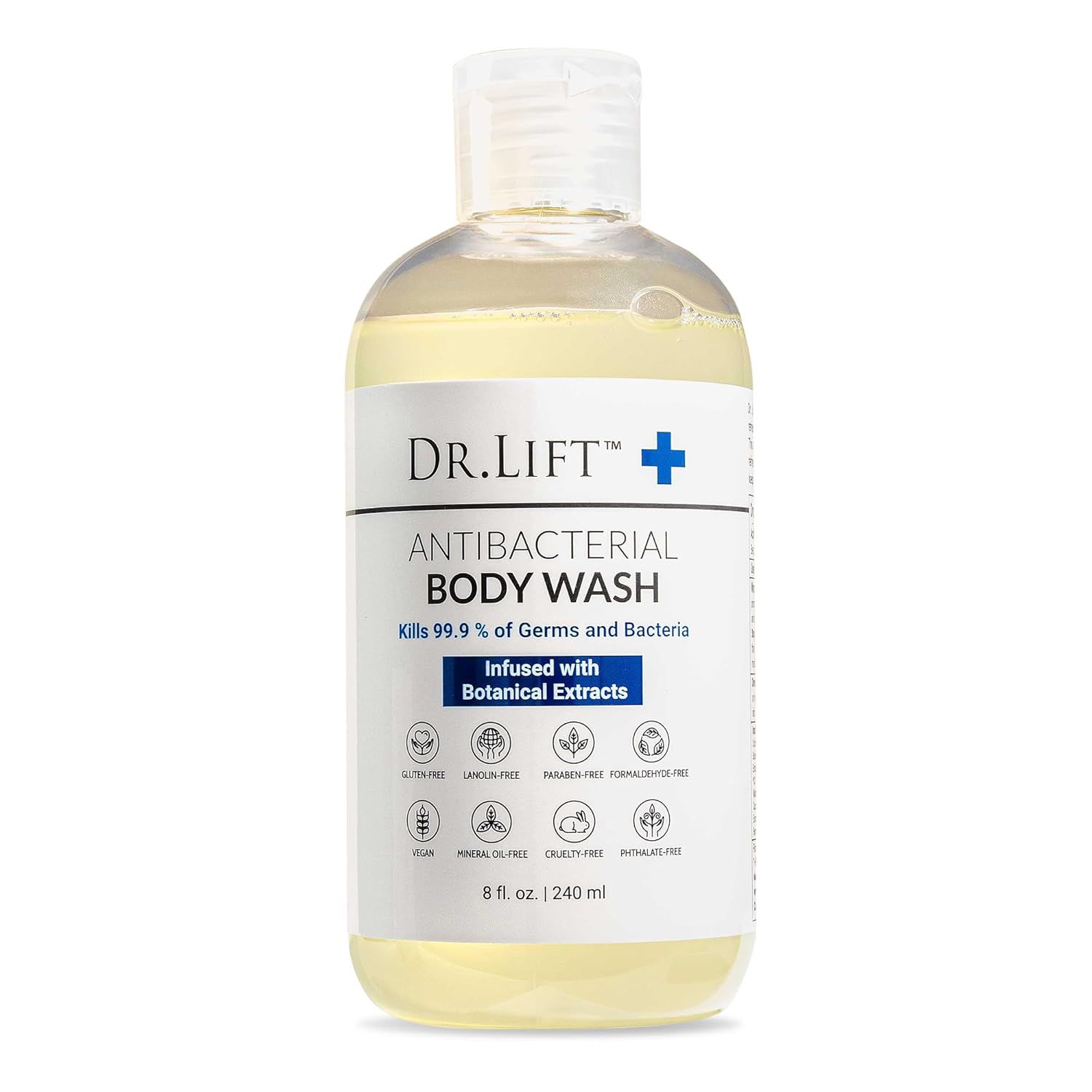Displays the core product clearly on a white background to show shoppers exactly what they will receive, emphasizing the antibacterial body wash with botanical extracts and clean ingredient claims.
