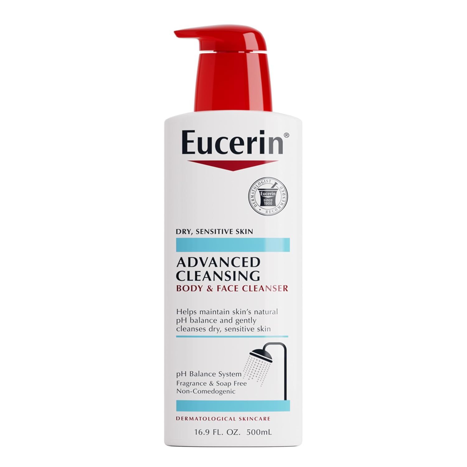 Displays the Eucerin Advanced Cleansing Body & Face Cleanser bottle clearly on a white background, allowing shoppers to see the product packaging, brand, pump dispenser design, and key product…