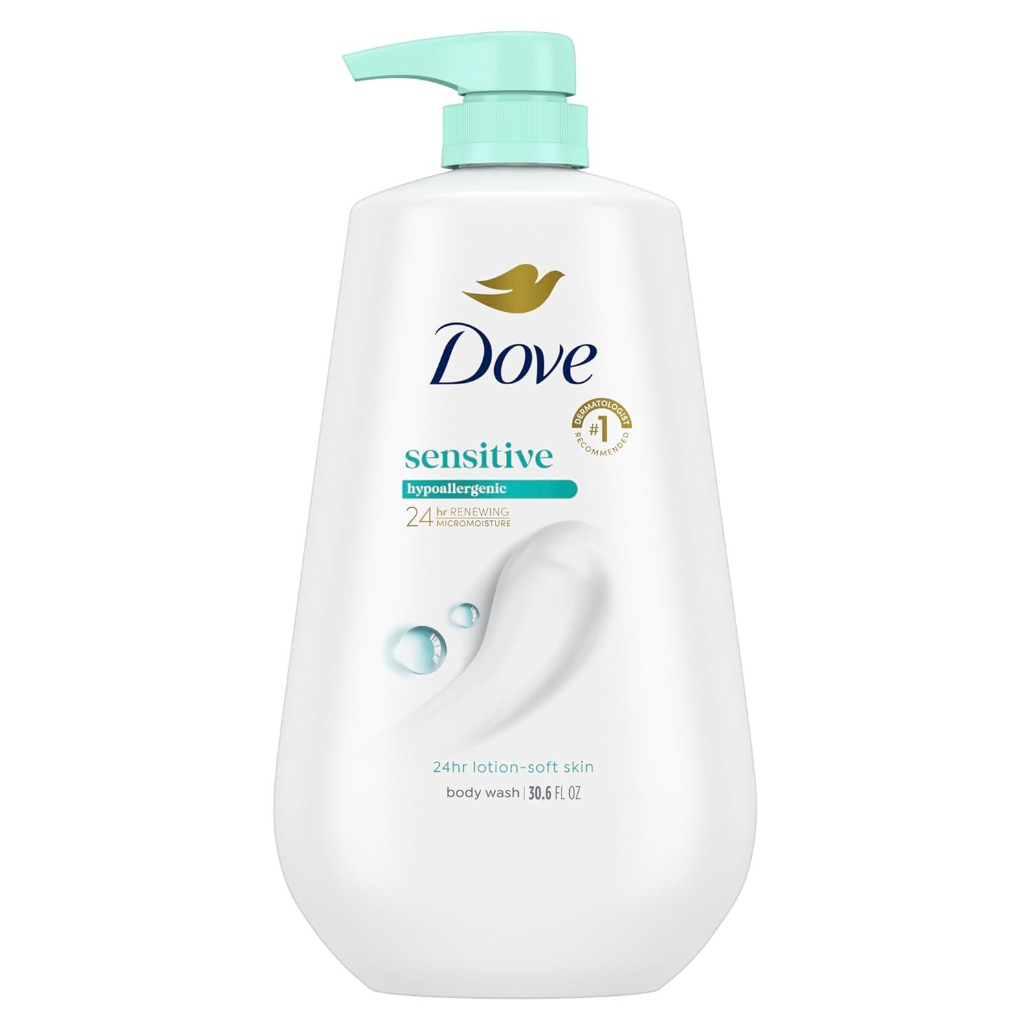 Displays the Dove Sensitive body wash bottle clearly on a white background to show the product packaging, branding, and key benefits like hypoallergenic formula and 24-hour moisture for sensitive…