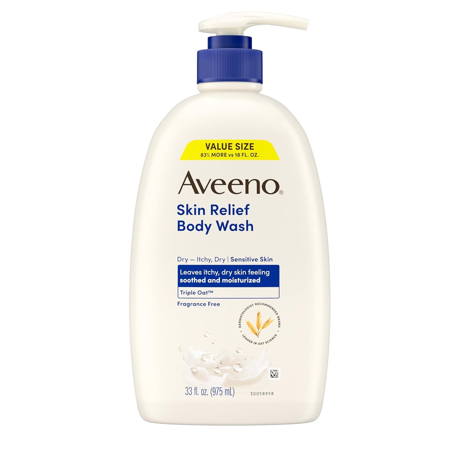 Displays the Aveeno Skin Relief Body Wash bottle clearly on a white background to show the product packaging, size, and key benefits for dry and sensitive skin. Shows the retail packaging with pump…