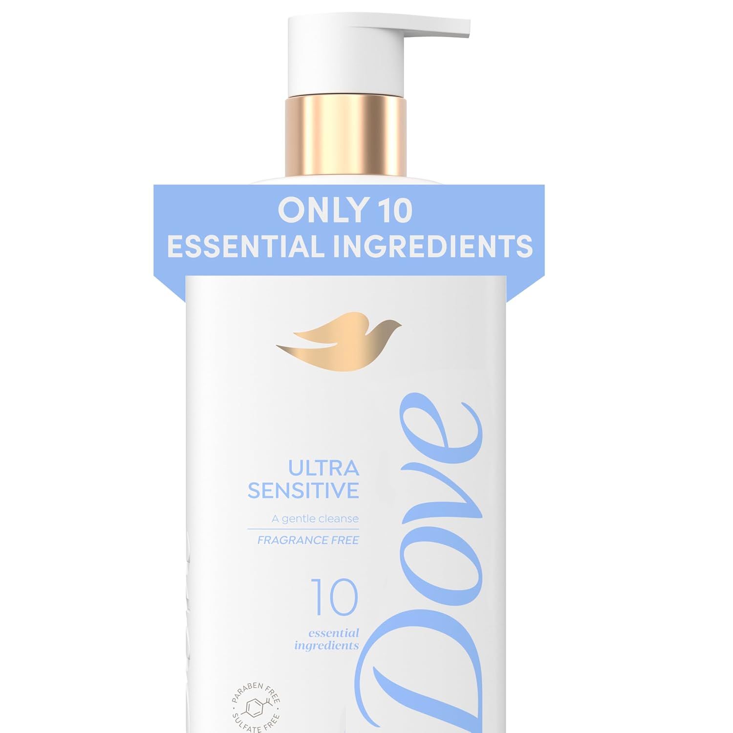 Showcases the core product, a gentle cleanser with only 10 essential ingredients, emphasizing its ultra-sensitive and fragrance-free formulation to reassure shoppers seeking a simple, skin-friendly…