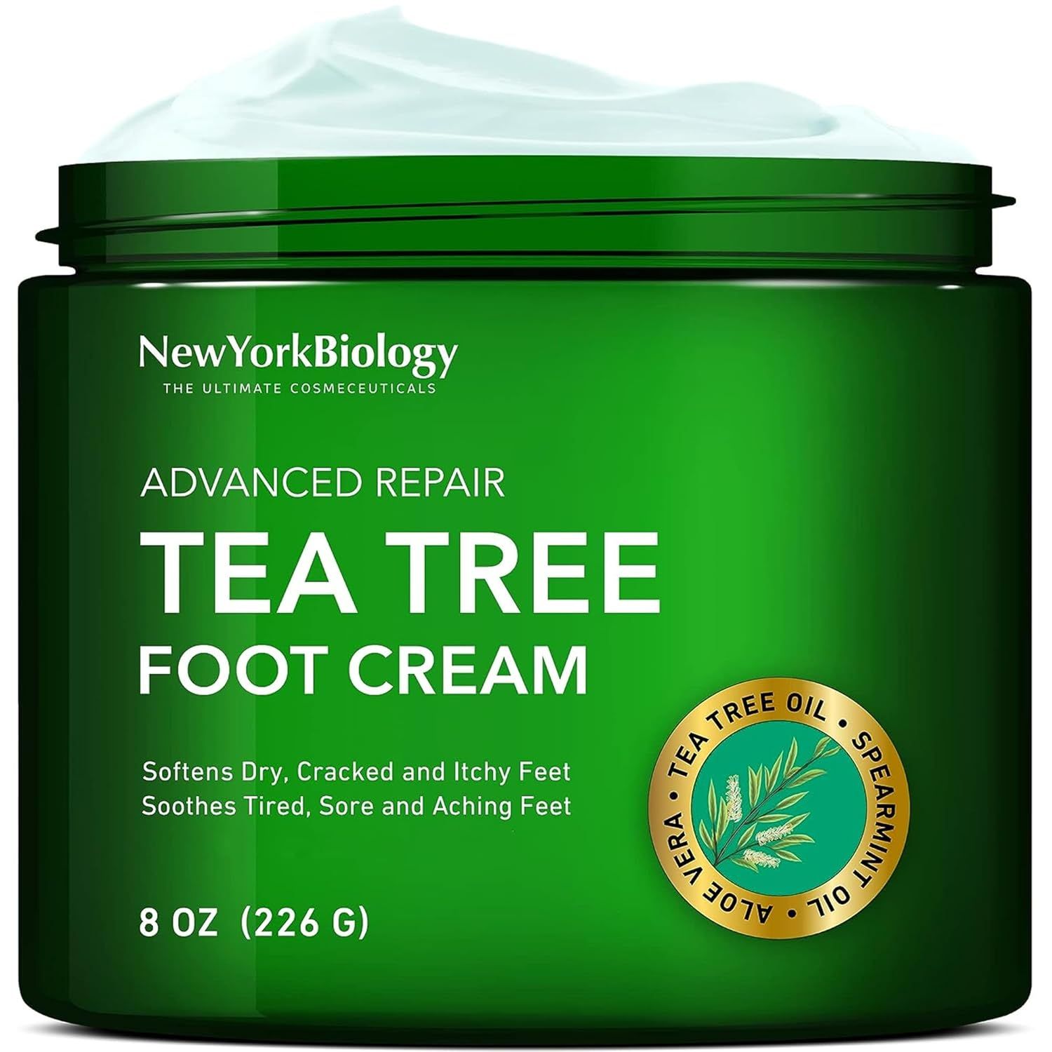 Displays the core product—a tea tree foot cream in its retail jar—to show shoppers exactly what they will receive and communicate the product's key benefits for dry, cracked, and itchy feet. Shows…