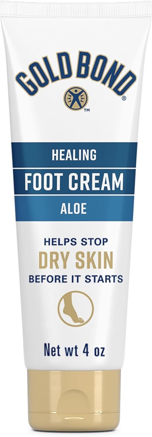 Displays the Gold Bond Healing Foot Cream product clearly on a white background, allowing shoppers to see the packaging design, brand, product type, and key benefit of stopping dry skin. Shows the…