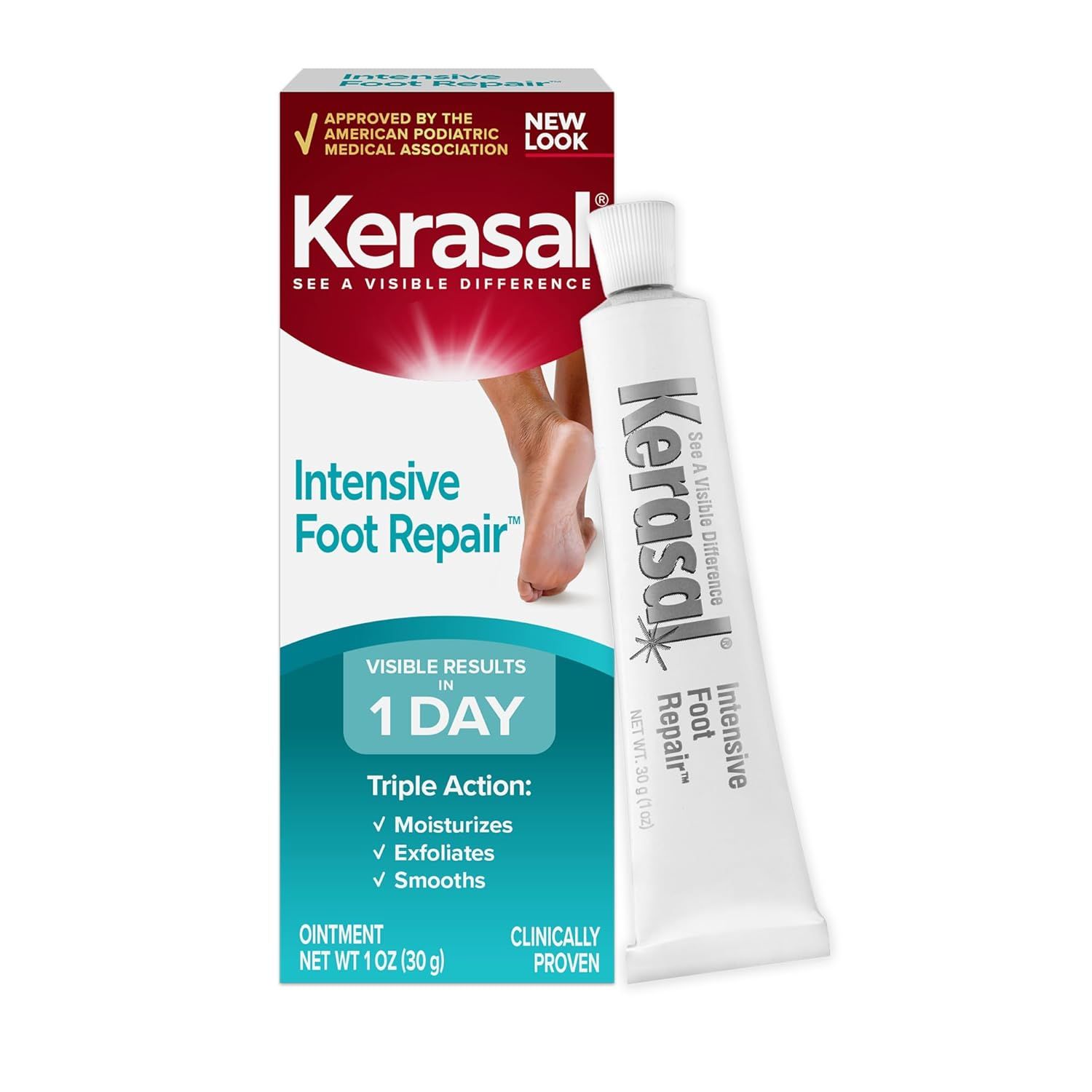Displays the Kerasal Intensive Foot Repair product with its retail packaging to show shoppers exactly what they will receive, emphasizing the clinical credibility and visible results promise. Shows…