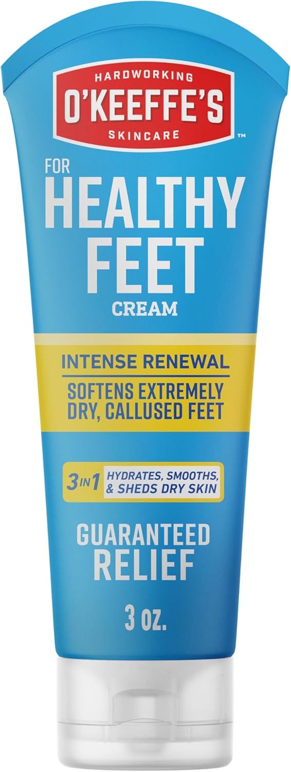 Displays the O'Keeffe's Healthy Feet Cream tube clearly on a white background, allowing shoppers to see the product packaging, branding, and key benefits like intense renewal and guaranteed relief…