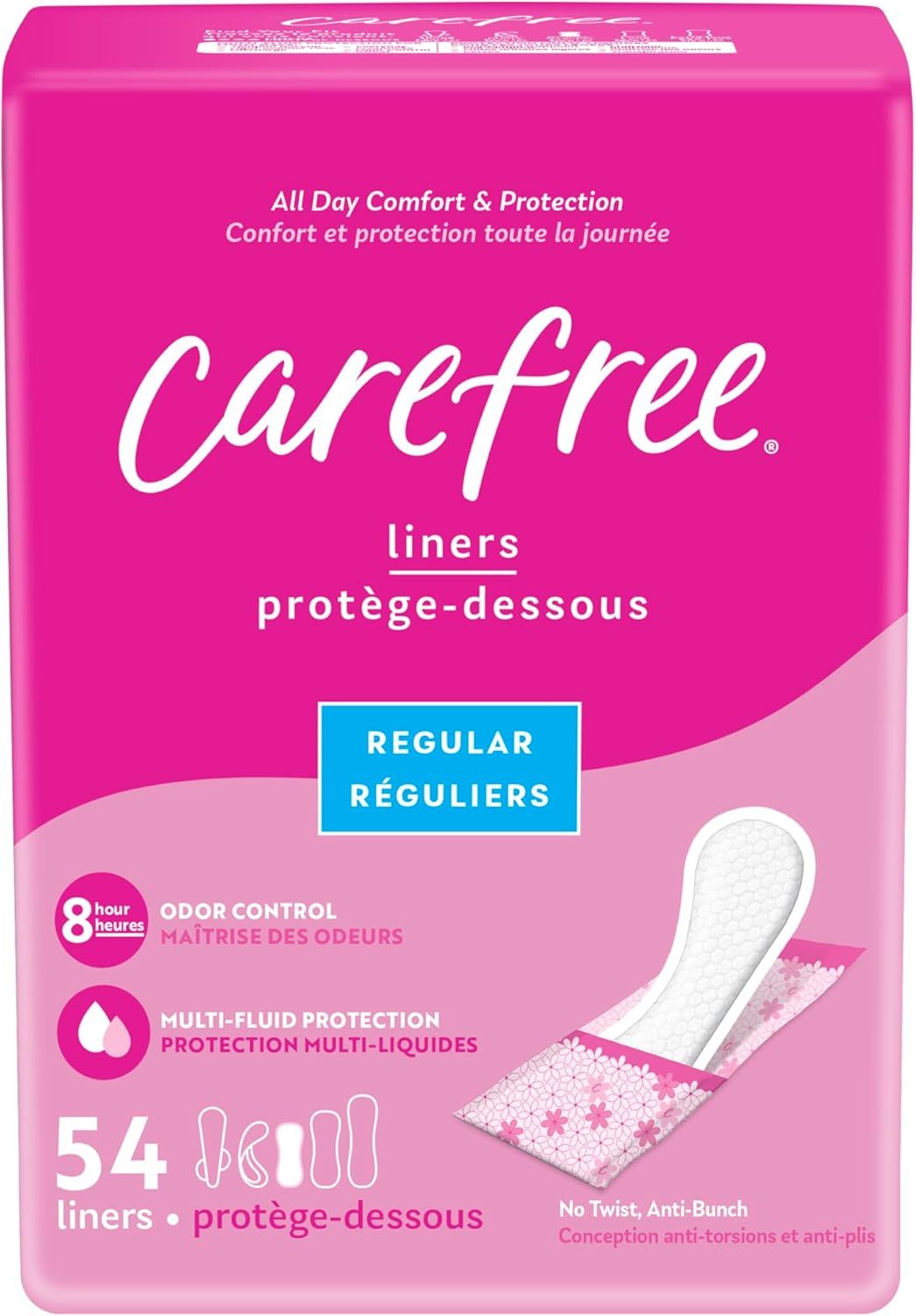 Shows the retail packaging of Carefree liners to help shoppers identify the product on shelf and understand the core offering (regular liners with odor control and multi-fluid protection). Displays…